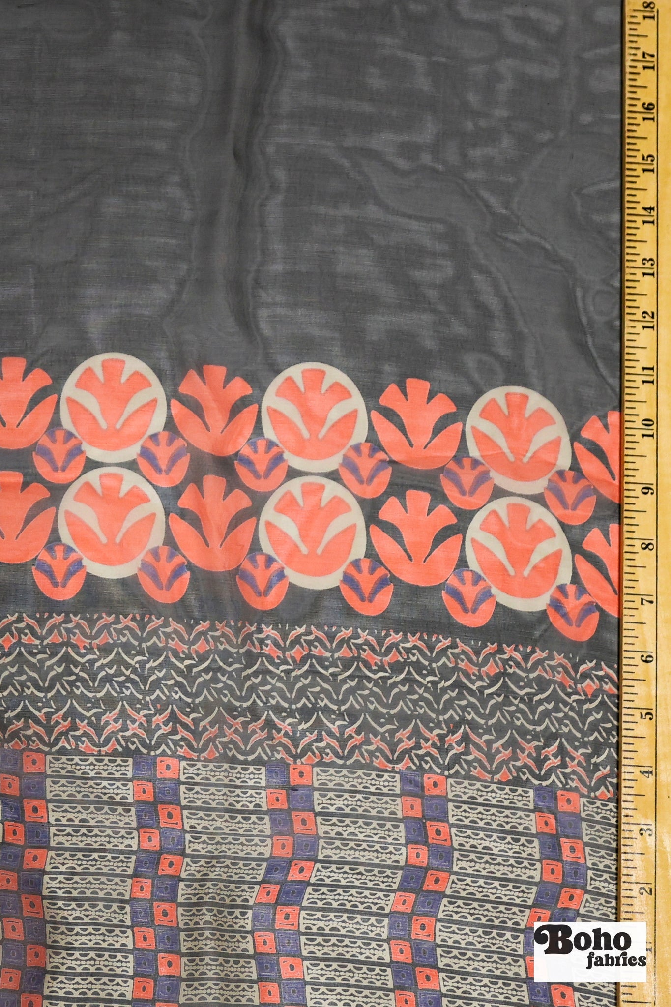 Navy & Red Geometric & Floral Border Motif Silk Chiffon Fabric, Pre-Cuts - Boho Fabrics - Woven Fabric