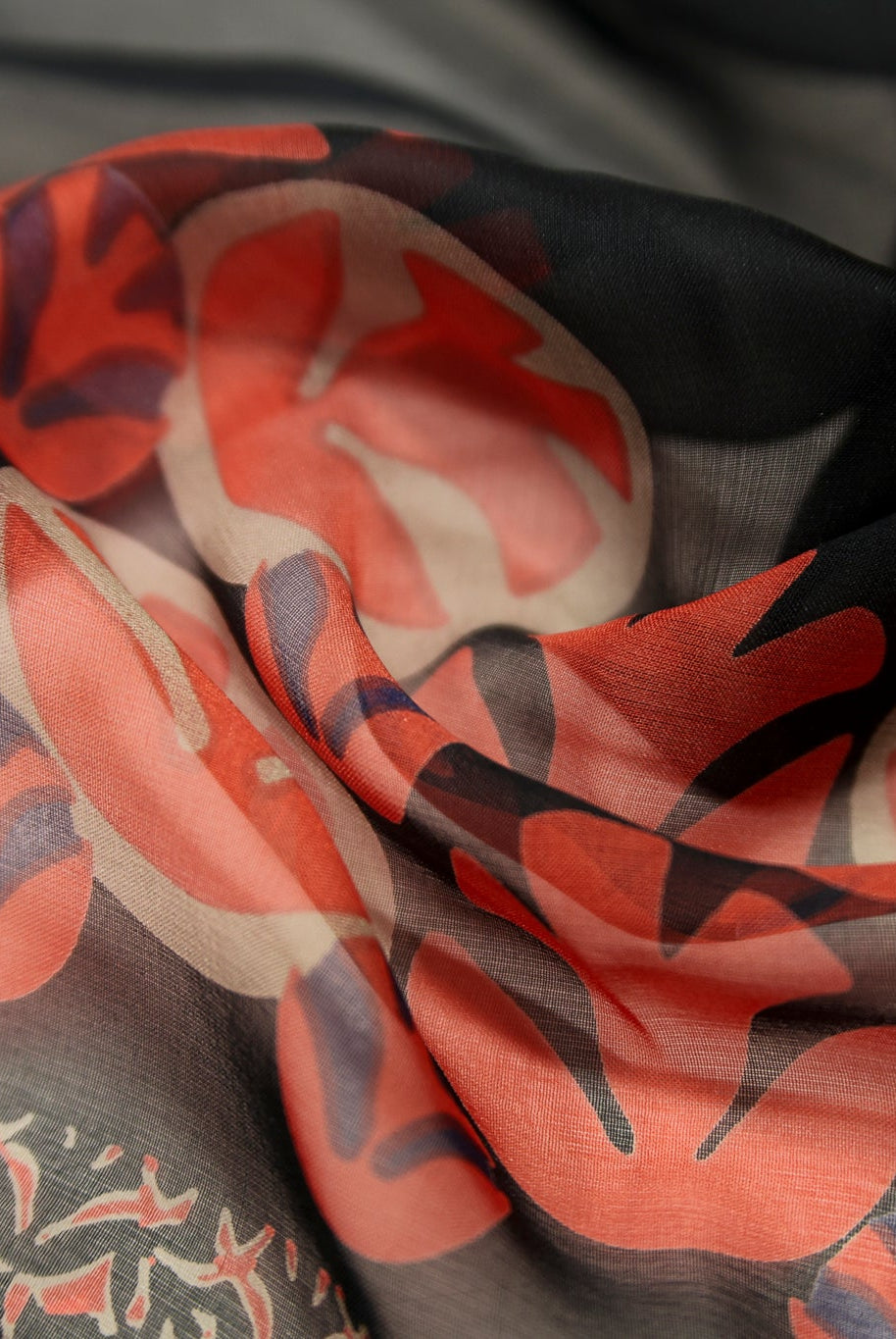 Navy & Red Geometric & Floral Border Motif Silk Chiffon Fabric, Pre-Cuts - Boho Fabrics - Woven Fabric