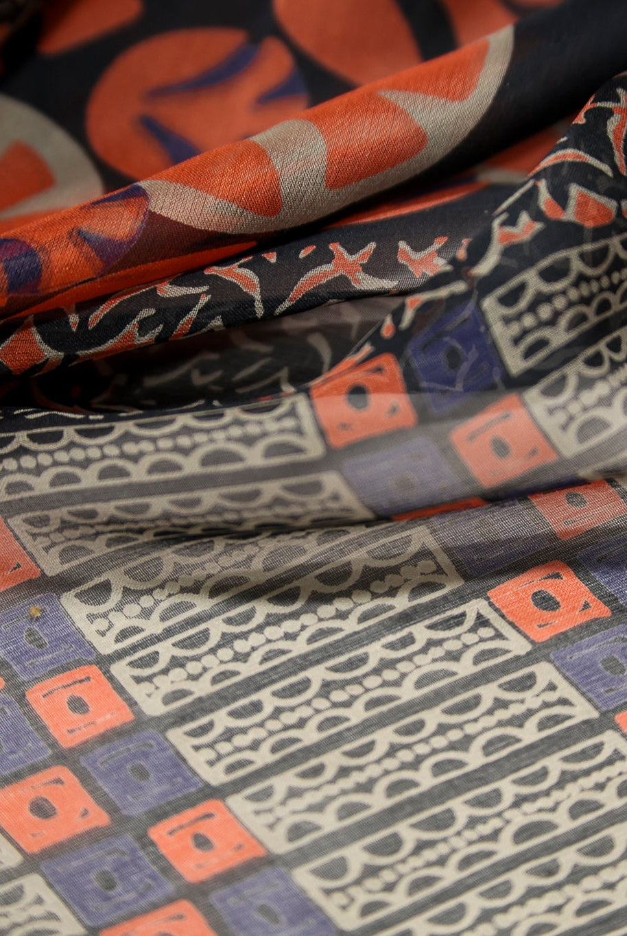 Navy & Red Geometric & Floral Border Motif Silk Chiffon Fabric, Pre-Cuts - Boho Fabrics - Woven Fabric
