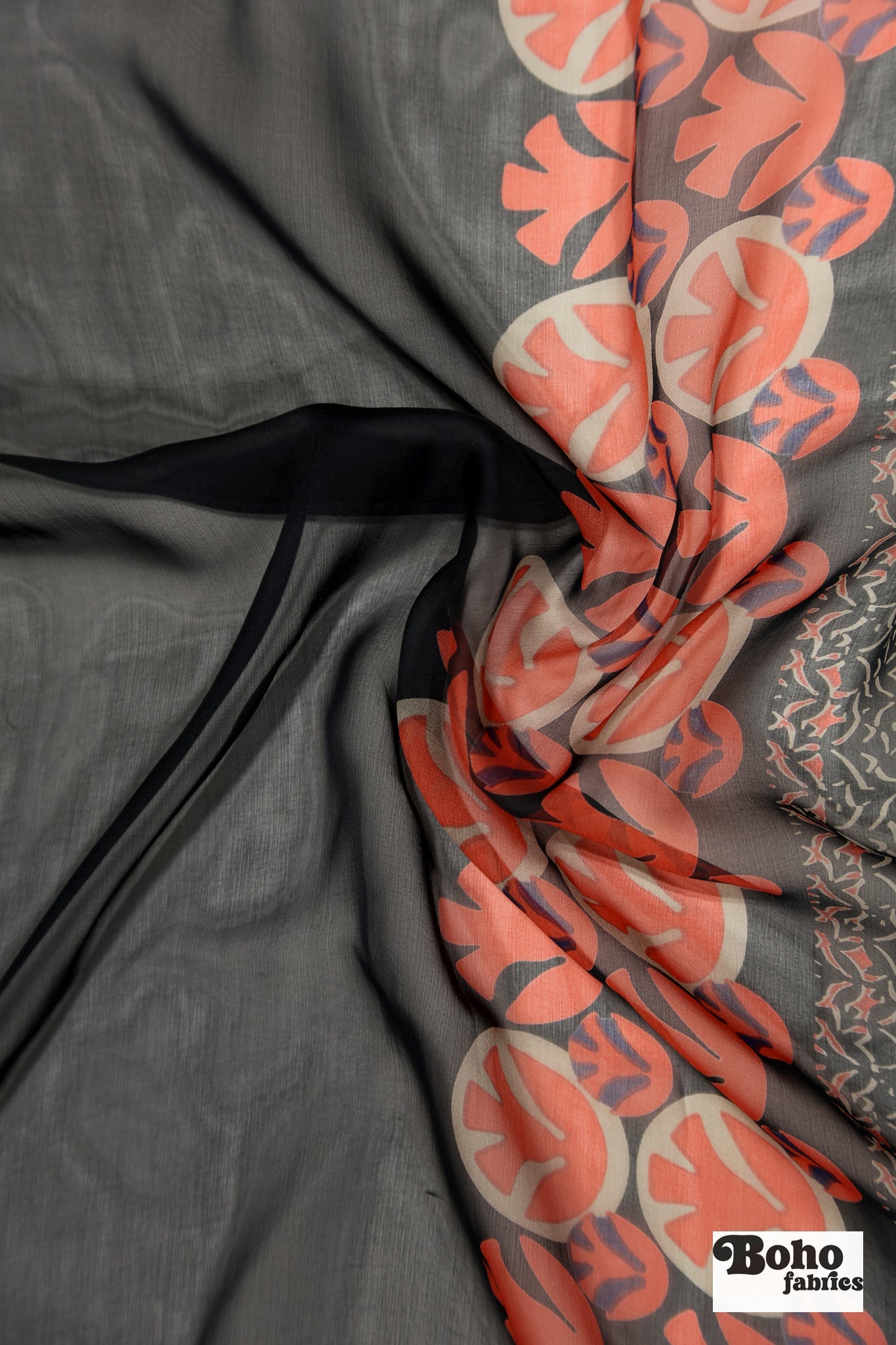 Navy & Red Geometric & Floral Border Motif Silk Chiffon Fabric, Pre-Cuts - Boho Fabrics - Woven Fabric