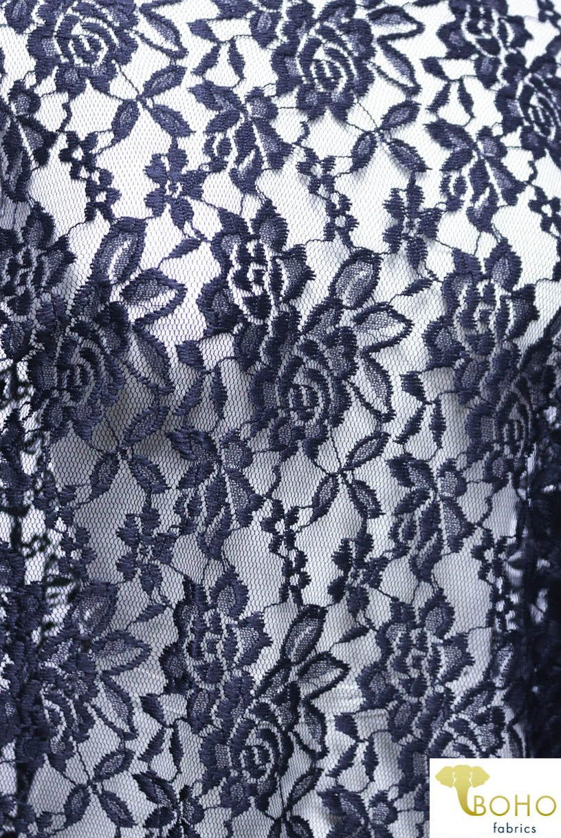 Navy Rosebuds. Stretch Lace. SL-102-BLU. - Boho Fabrics