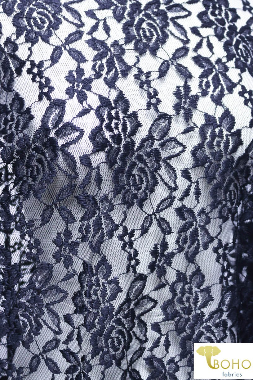 Navy Rosebuds. Stretch Lace. SL-102-BLU. - Boho Fabrics