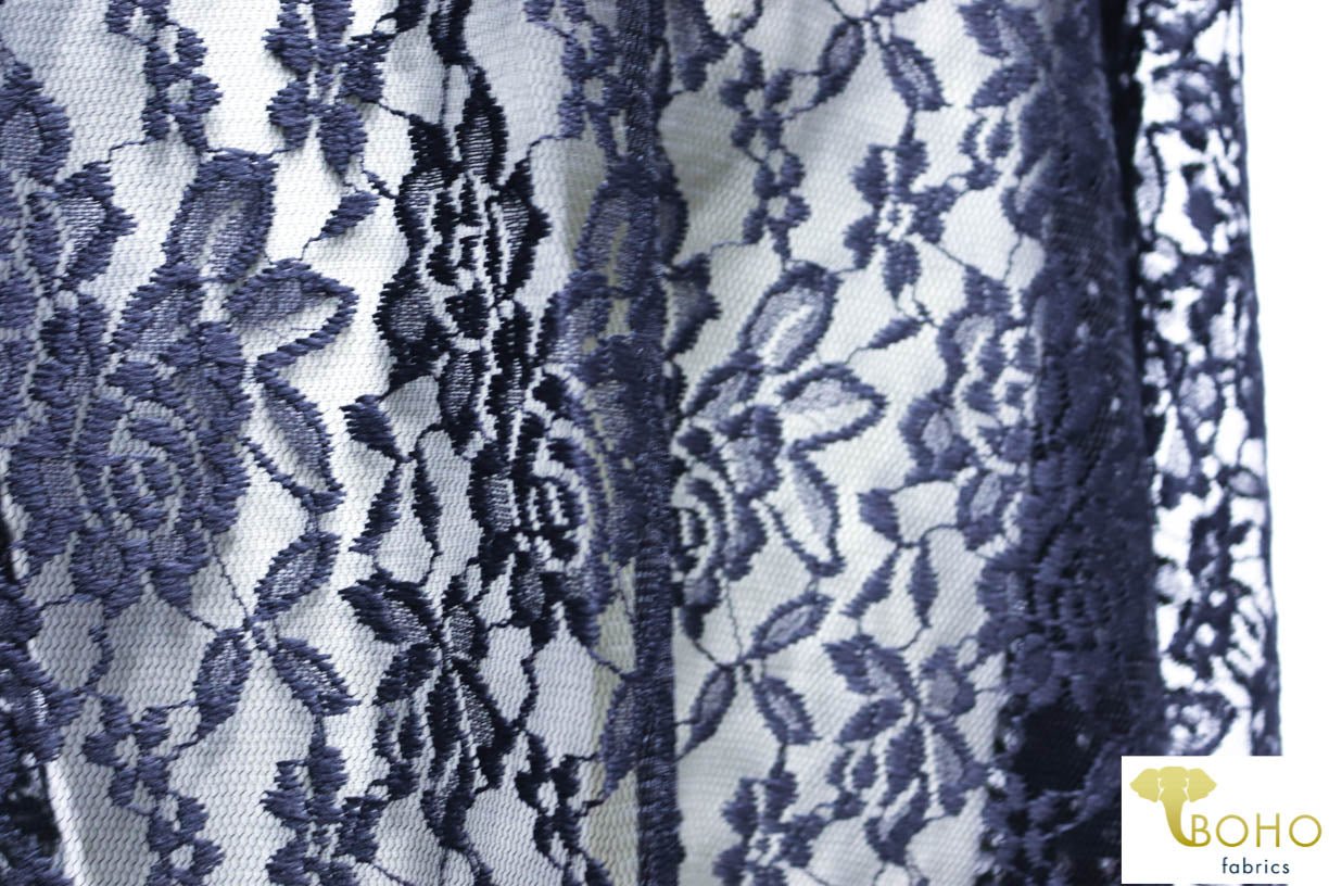 Navy Rosebuds. Stretch Lace. SL-102-BLU. - Boho Fabrics