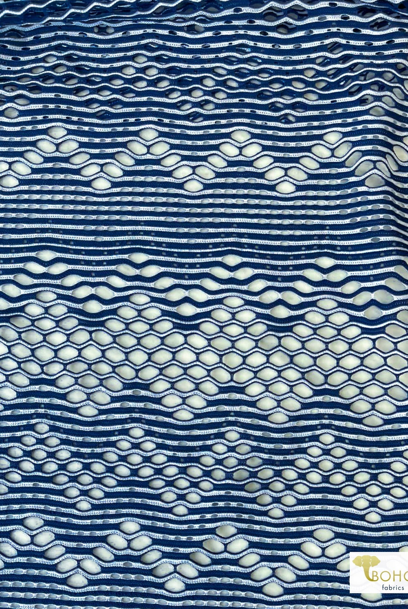Navy Waves, Stretch Lace Fabric - Boho Fabrics - Stretch Lace Fabric