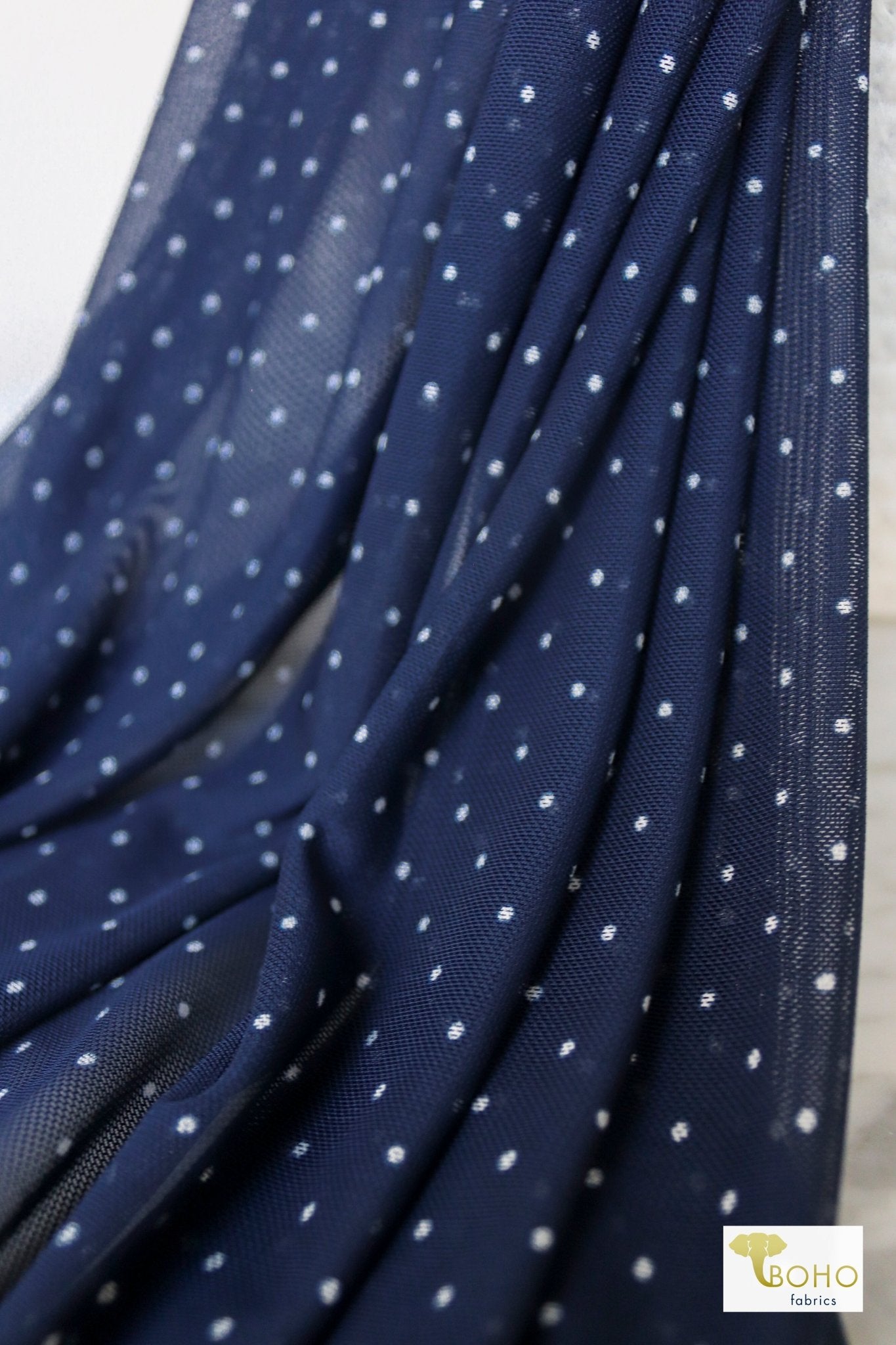 Navy & White Polka Dots, Stretch Mesh Printed Fabric. - Boho Fabrics