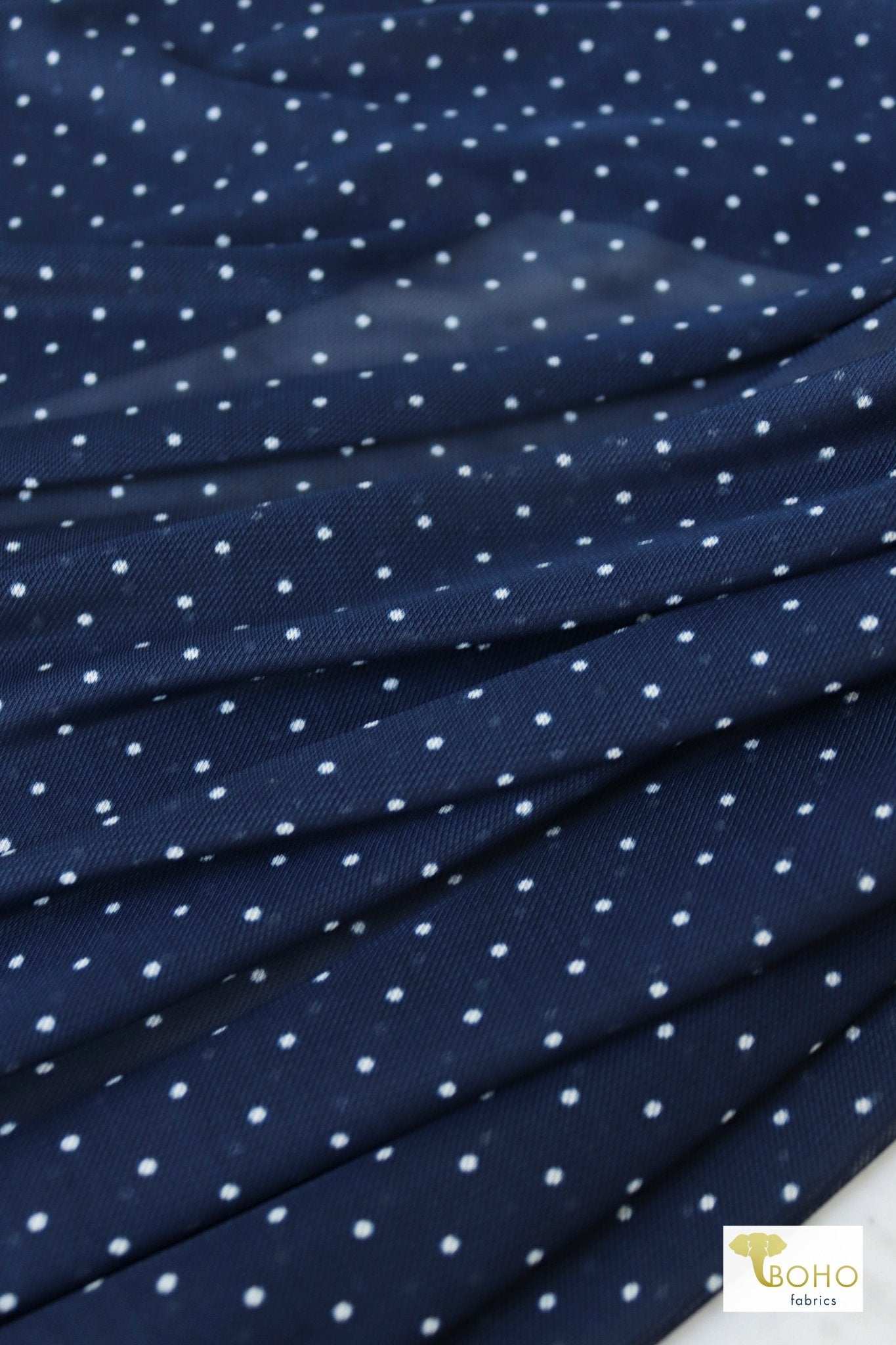Navy & White Polka Dots, Stretch Mesh Printed Fabric. - Boho Fabrics