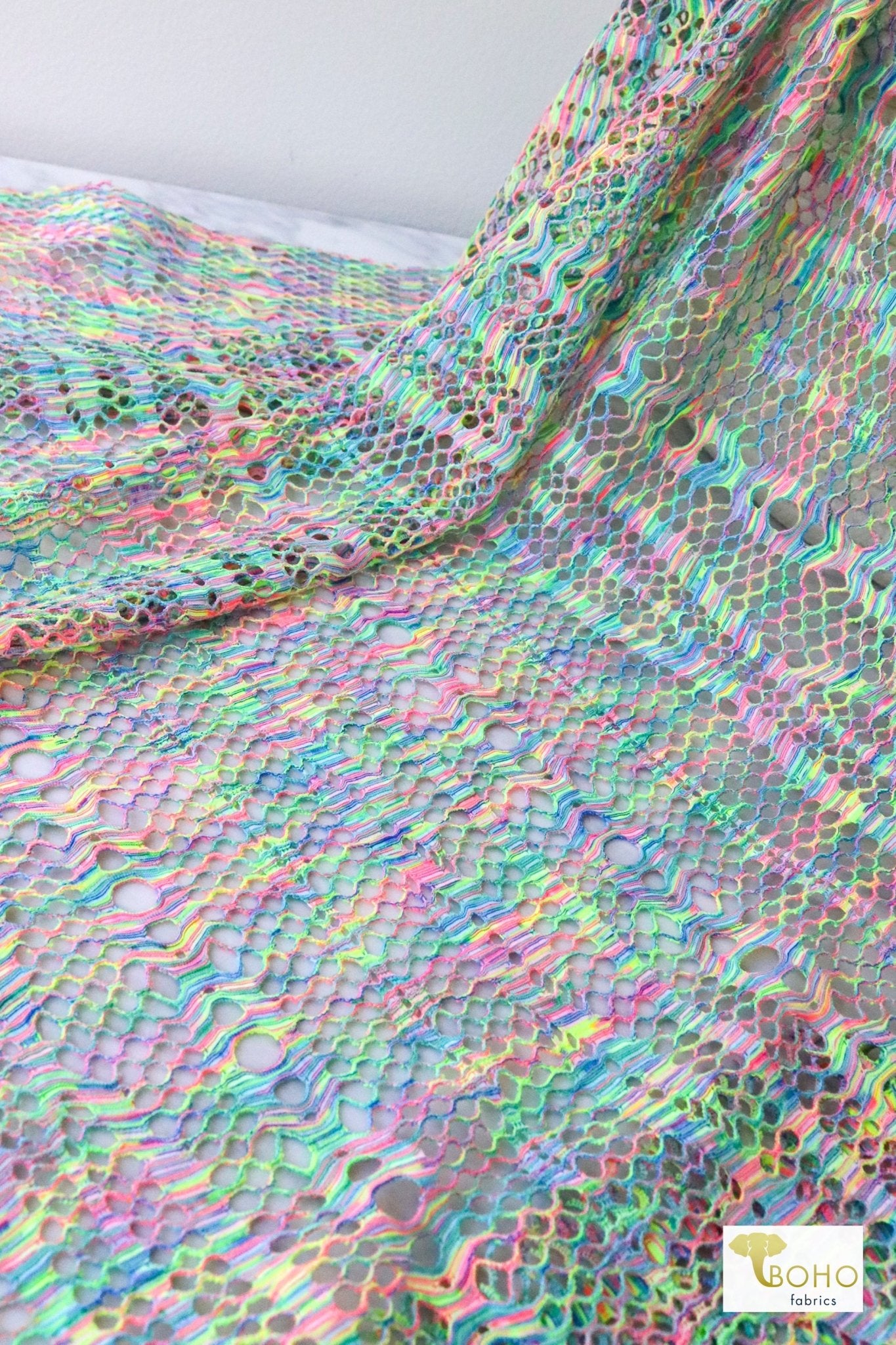 Neon Electric Rainbow, Stretch Lace Fabric - Boho Fabrics - Stretch Lace Fabric