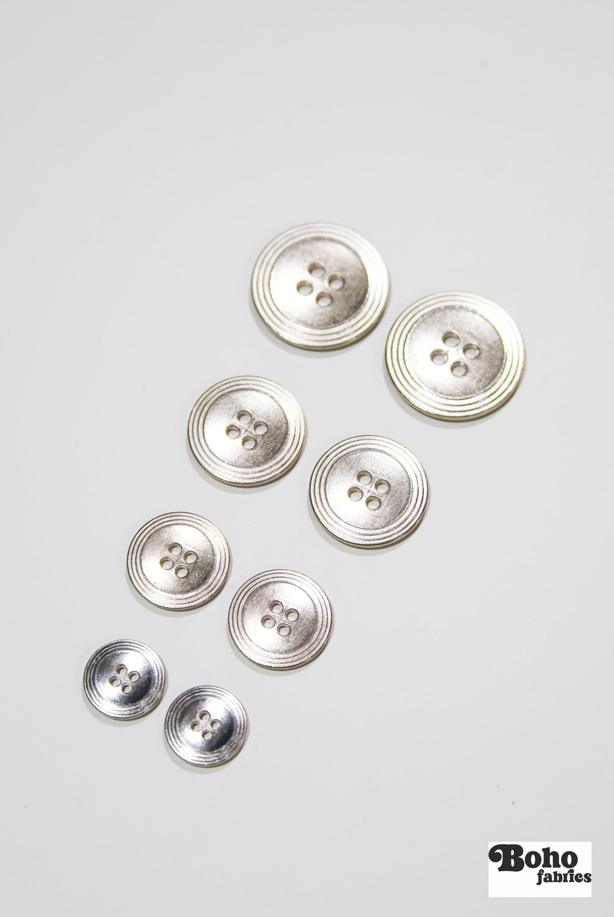 Nickel 4-Hole Buttons. 22L (14mm / 9/16"), 28L (18mm / 11/16"), 34L (21mm / 7/8"), 40L (25mm / 1") - Boho Fabrics - Buttons & Snaps