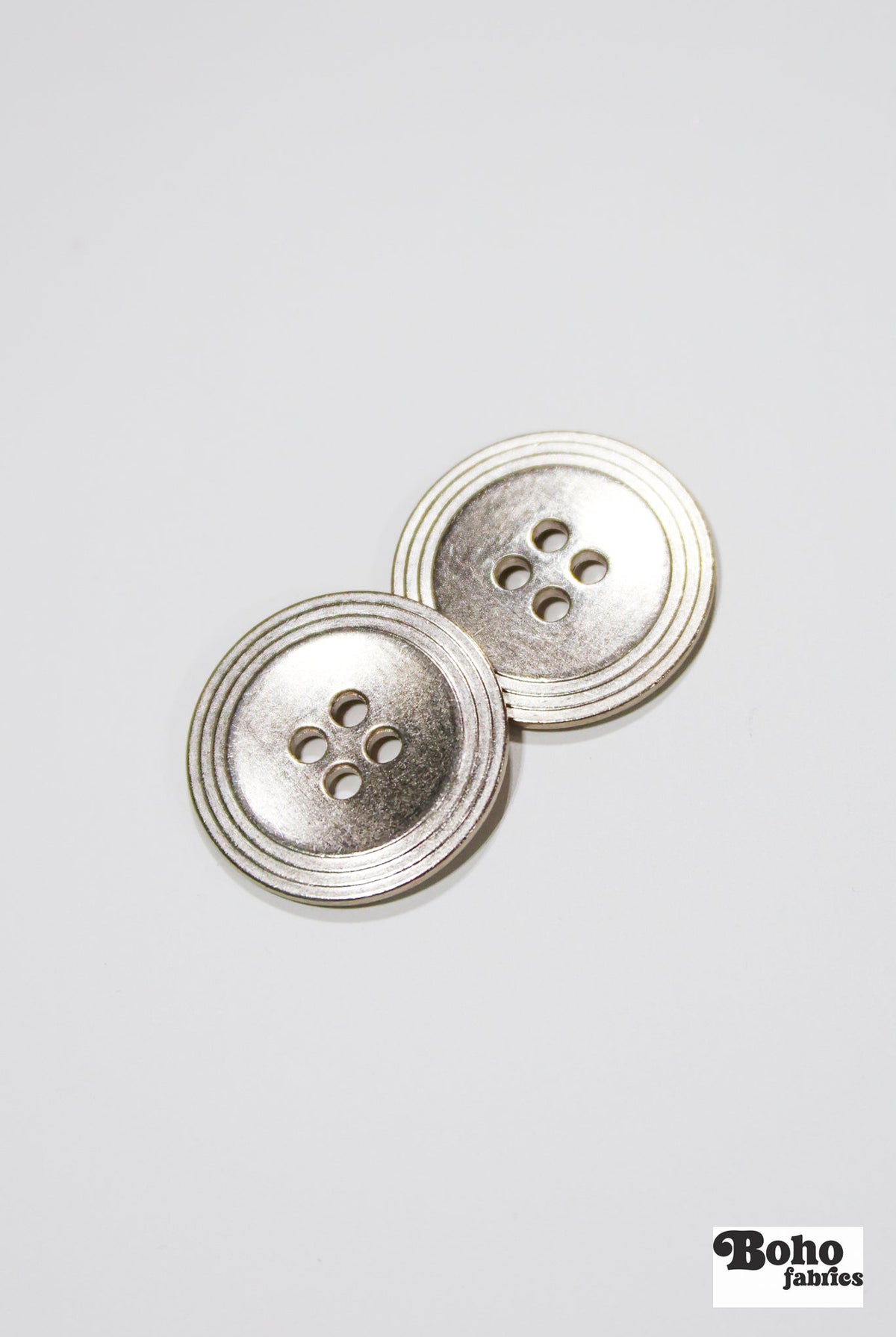 Nickel 4-Hole Buttons. 22L (14mm / 9/16"), 28L (18mm / 11/16"), 34L (21mm / 7/8"), 40L (25mm / 1") - Boho Fabrics - Buttons & Snaps