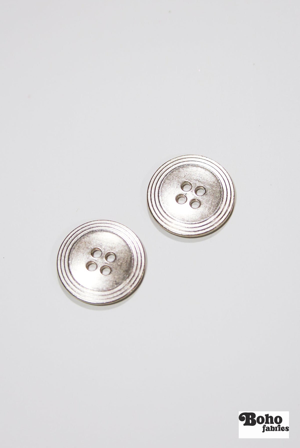 Nickel 4-Hole Buttons. 22L (14mm / 9/16"), 28L (18mm / 11/16"), 34L (21mm / 7/8"), 40L (25mm / 1") - Boho Fabrics - Buttons & Snaps