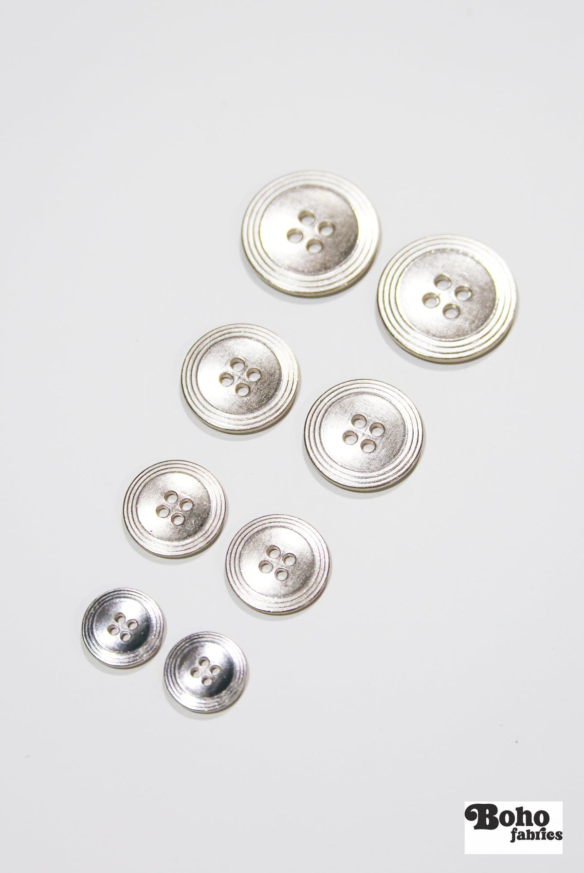 Nickel 4-Hole Buttons. 22L (14mm / 9/16"), 28L (18mm / 11/16"), 34L (21mm / 7/8"), 40L (25mm / 1") - Boho Fabrics - Buttons & Snaps
