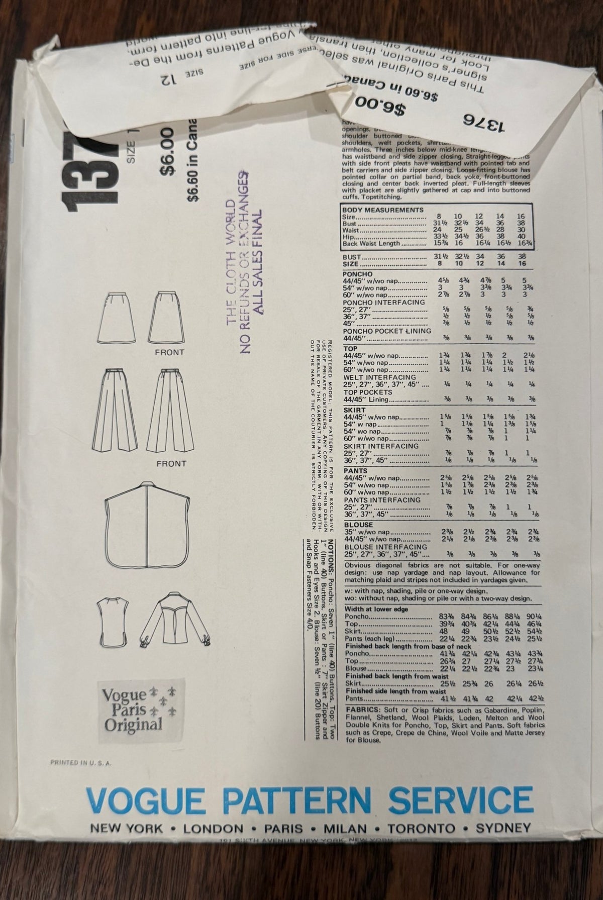 Nina Ricci | Vogue Paris Original Sewing Pattern #1376 — Poncho, Top, Skirt, Pants & Blouse, Size 12, Vintage 1976, with Original Vogue Sew-In Label - Boho Fabrics - Sewing Patterns