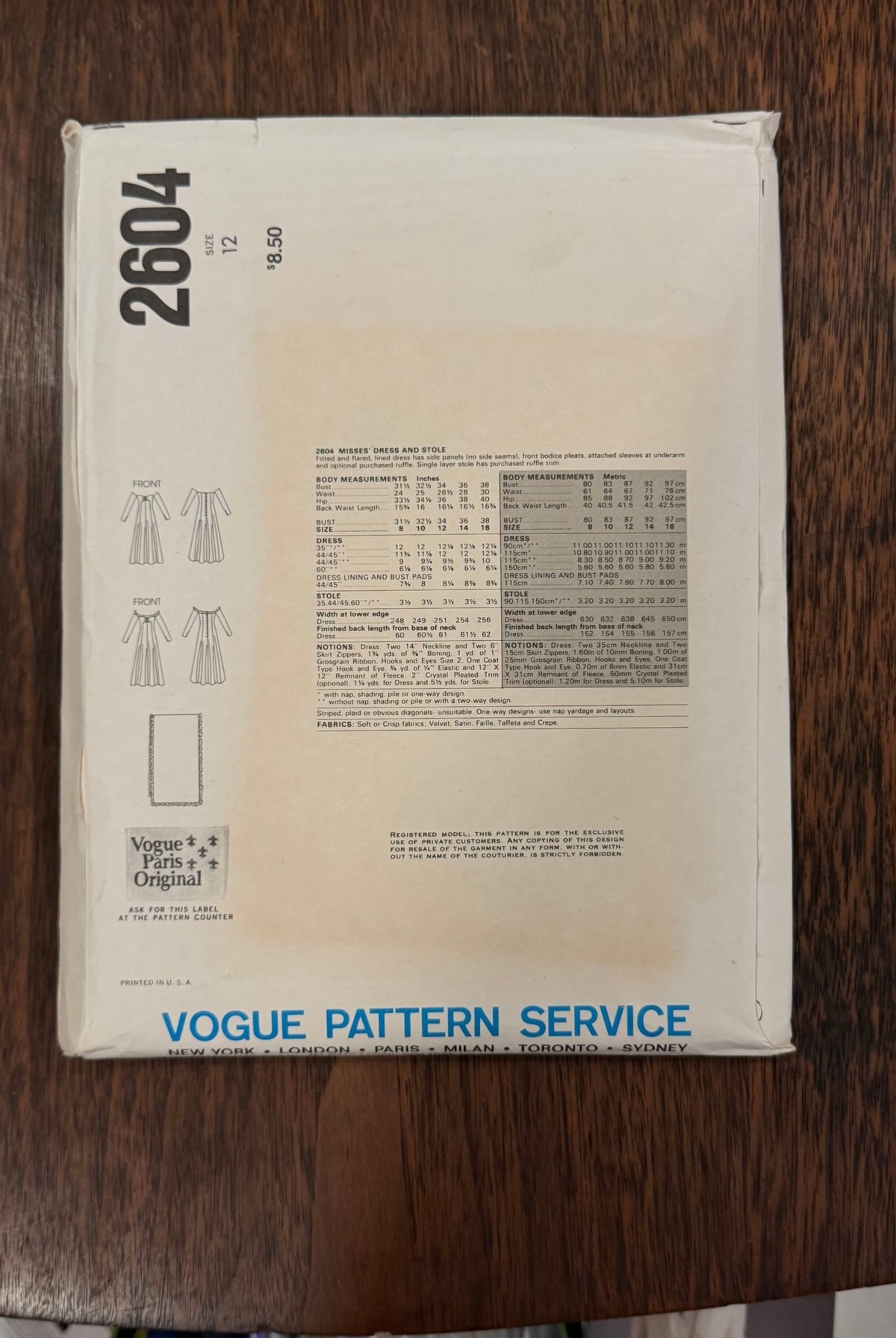 Nina Ricci | Vogue Paris Original Sewing Pattern #2604 — Fitted & Flared Dress with Stole, Size 12, Vintage 1980 - Boho Fabrics - Sewing Patterns