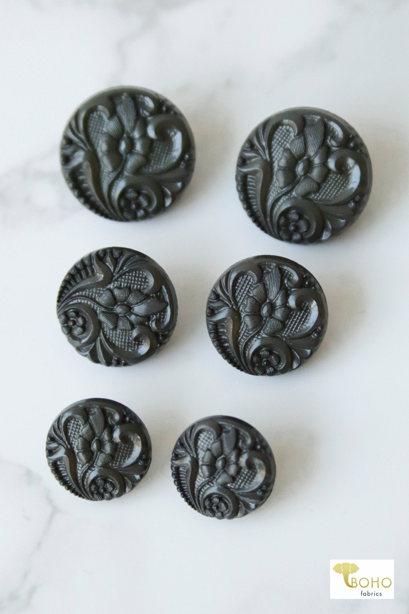 Olive Art Nouveau Florals, Shank Buttons. Available in 15mm, 18mm, 20mm, 25.5mm - Boho Fabrics