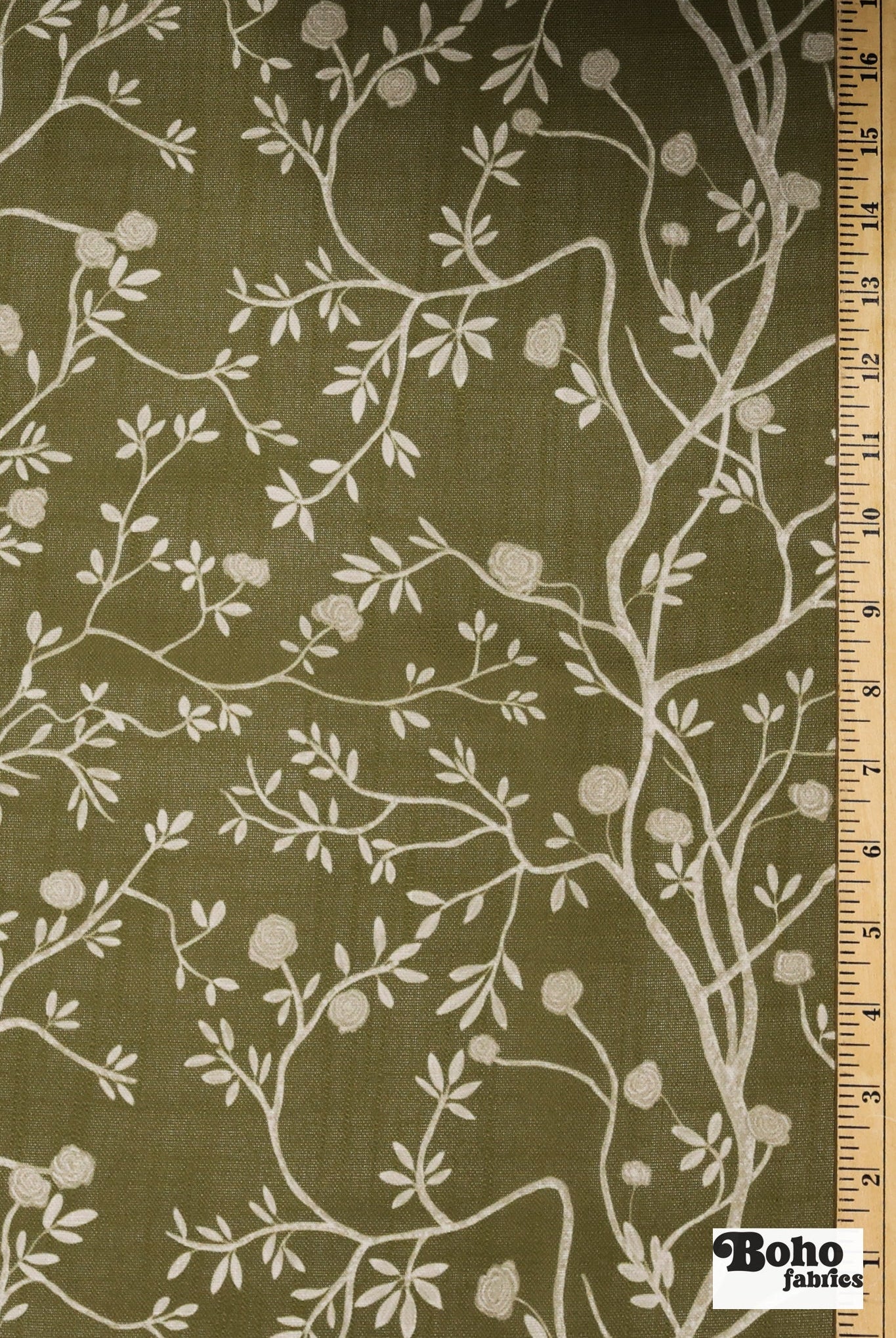 Olive Green, Rose Branches Linen-Look Woven Fabric - Boho Fabrics - Home Dec. & Upholstery Fabric