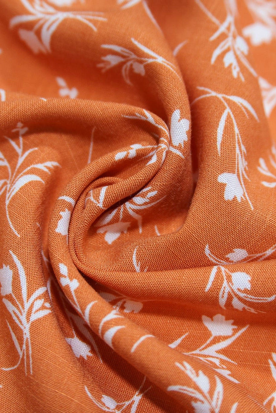 Orange with White Botanical Silhouettes Rayon Challis Woven Fabric - Boho Fabrics - Challis, Woven