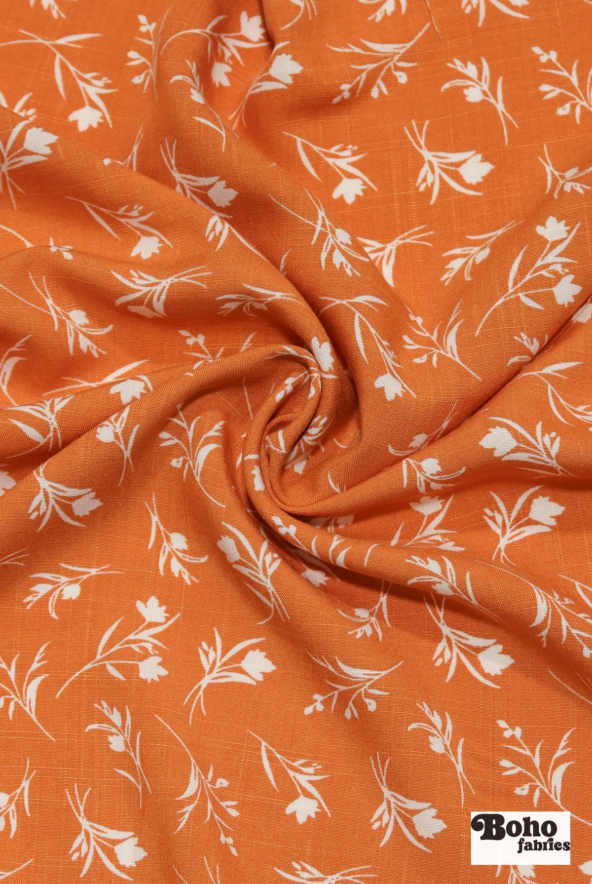 Orange with White Botanical Silhouettes Rayon Challis Woven Fabric - Boho Fabrics - Challis, Woven