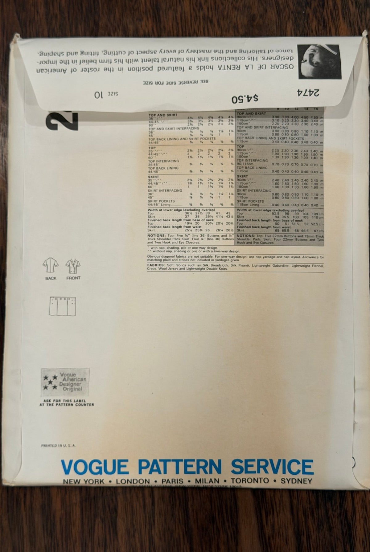 Oscar de la Renta | Vogue American Designer Sewing Pattern #2474 — Double-Breasted Top & Wrap Skirt, Size 10, Vintage 1980s, with Original Vogue Sew-In Label - Boho Fabrics - Sewing Patterns