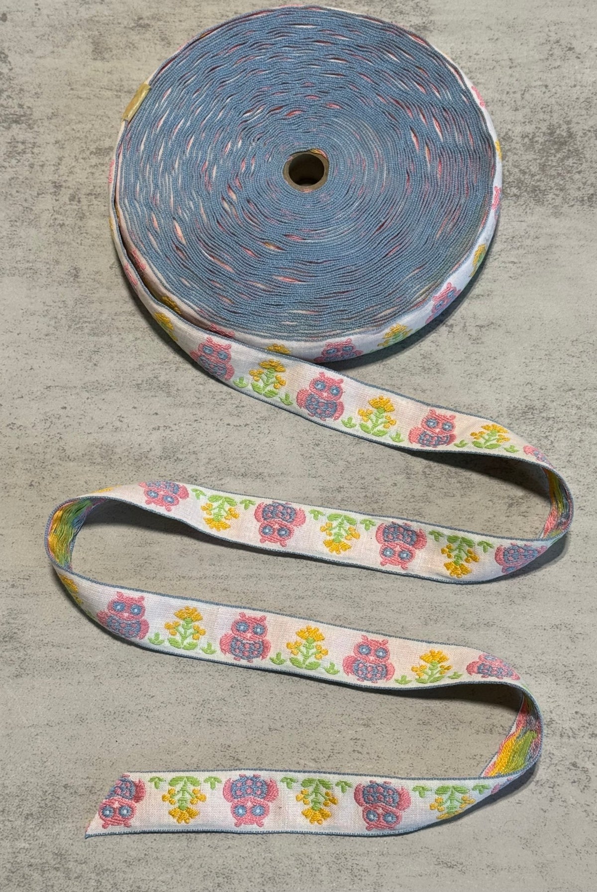 Owl Blossoms in Pink & Yellow, 0.875” Vintage Jacquard Woven Trim. Trim - 170 - Boho Fabrics - Trims