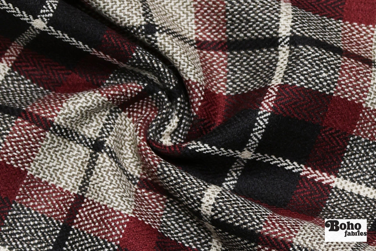 Oxblood Windowpane Plaid Wool Woven Fabric - Boho Fabrics - Wool Coating, Woven