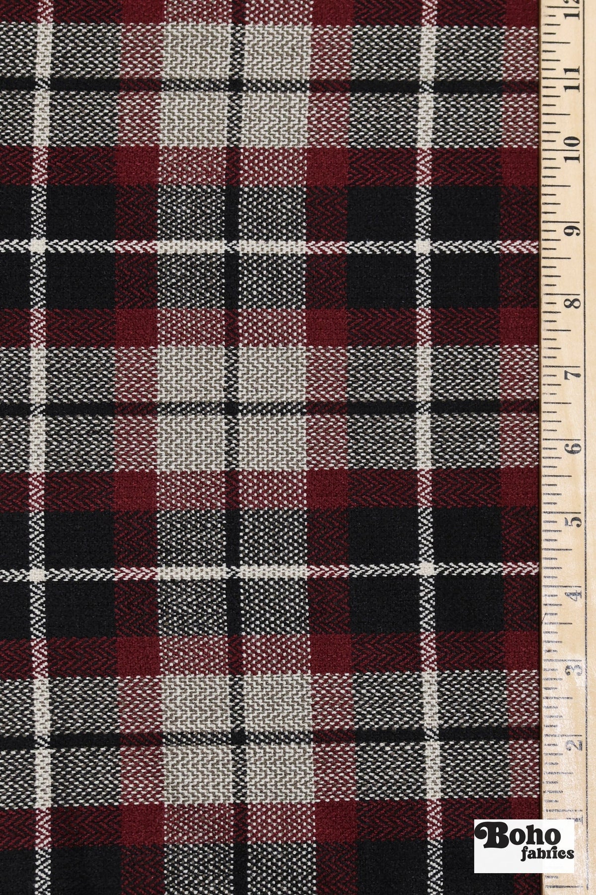 Oxblood Windowpane Plaid Wool Woven Fabric - Boho Fabrics - Wool Coating, Woven