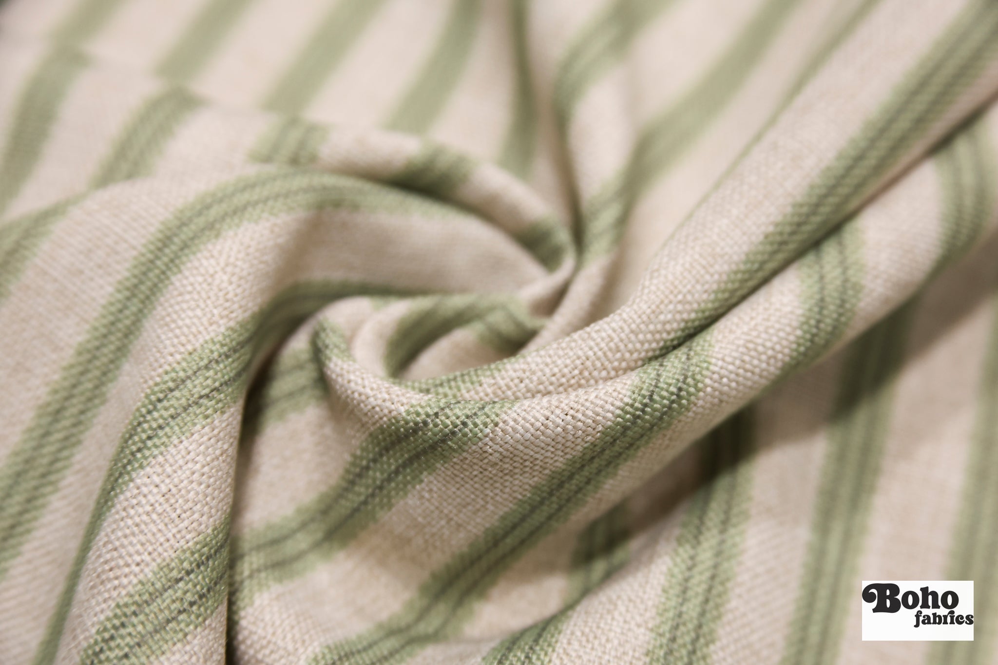 Pale Green & Beige, 3/8" Striped Linen-Look Woven Fabric - Boho Fabrics - Home Dec. & Upholstery Fabric