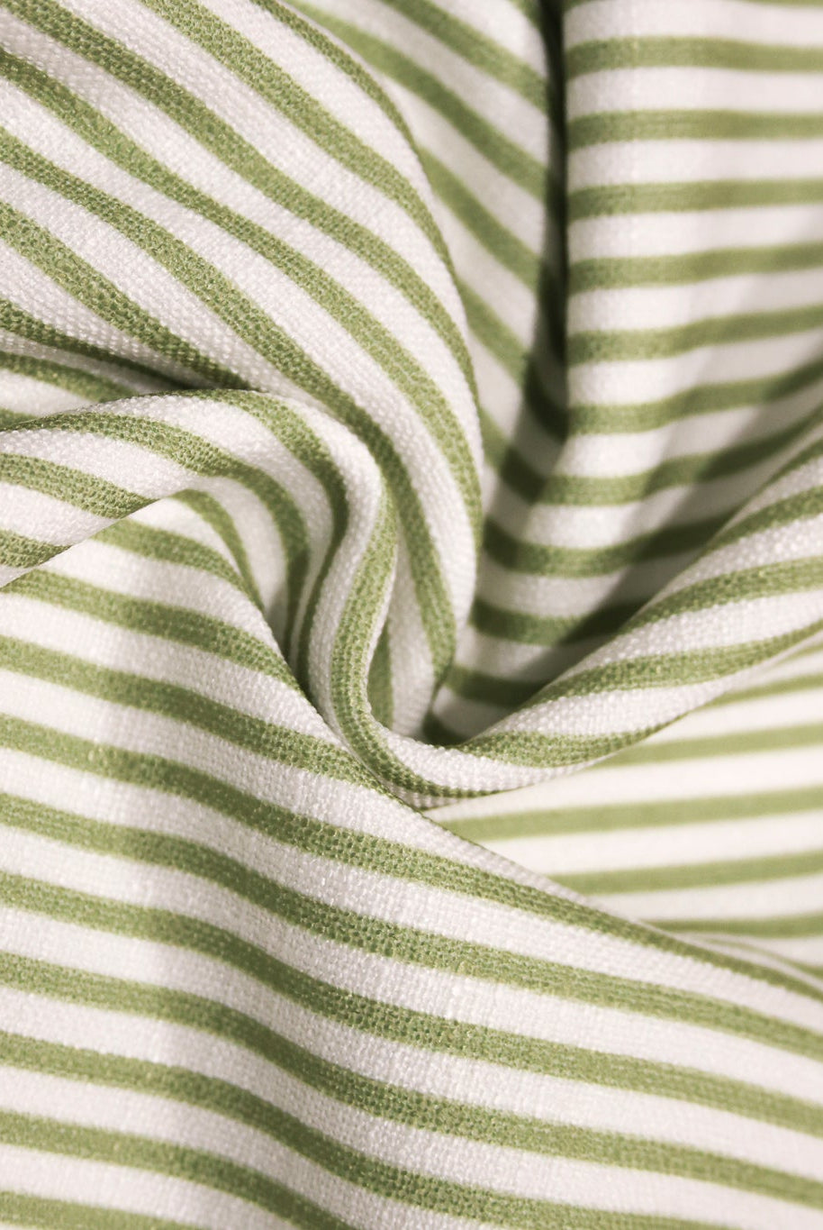 Pea Green & White, Narrow Striped Linen-Look Woven Fabric - Boho Fabrics - Home Dec. & Upholstery Fabric