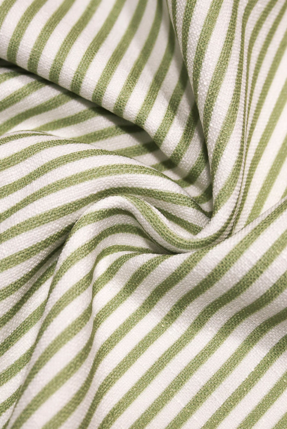 Pea Green & White, Narrow Striped Linen-Look Woven Fabric - Boho Fabrics - Home Dec. & Upholstery Fabric