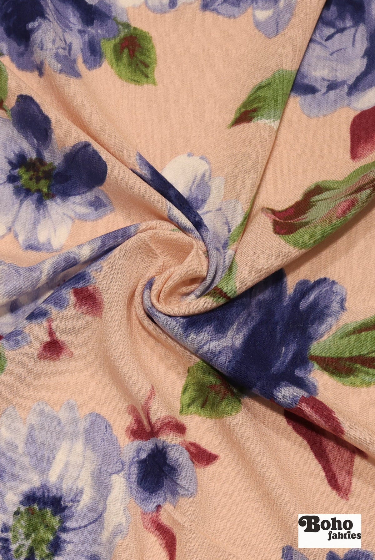 Peach with Large Blue Roses Rayon Crepe Woven Fabric - Boho Fabrics - Crepe, Woven