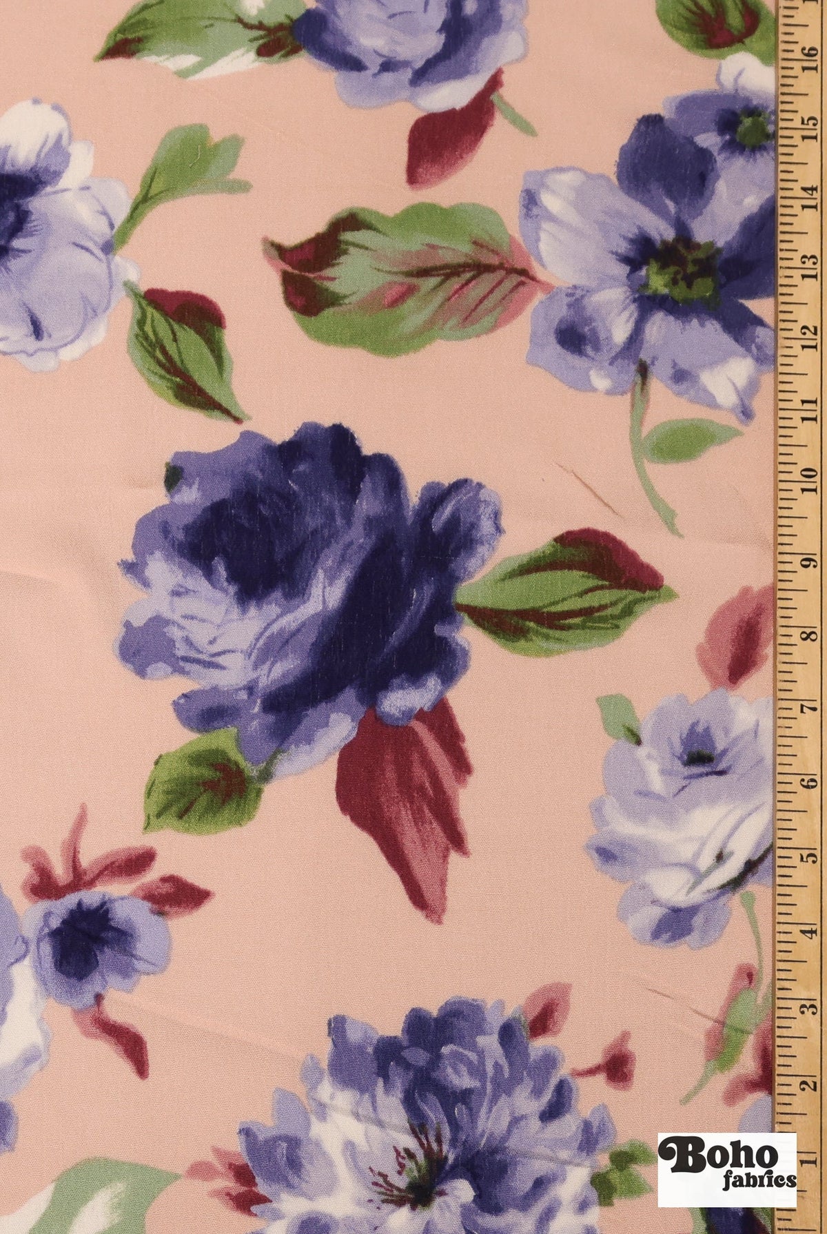 Peach with Large Blue Roses Rayon Crepe Woven Fabric - Boho Fabrics - Crepe, Woven