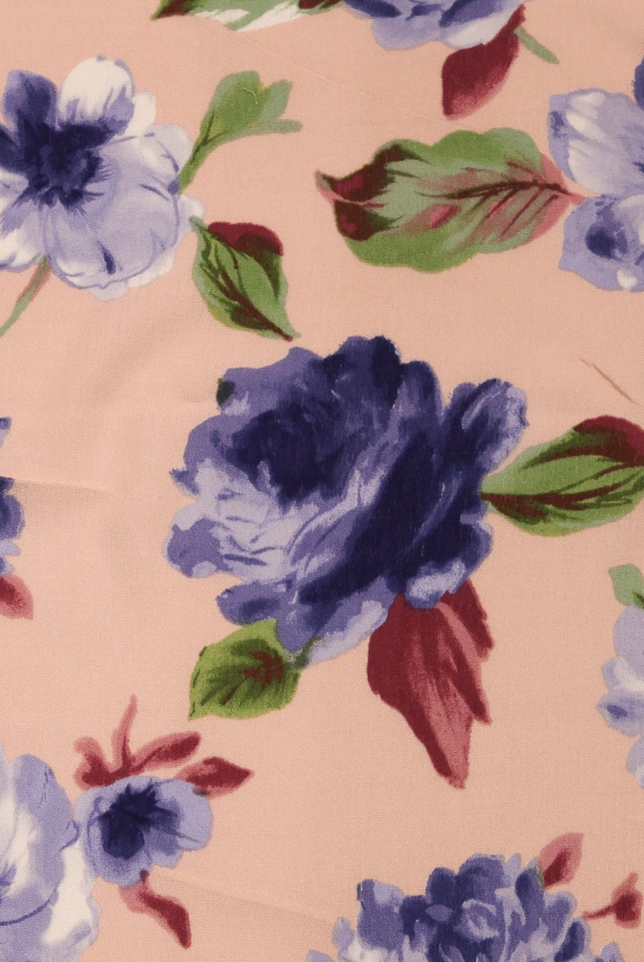 Peach with Large Blue Roses Rayon Crepe Woven Fabric - Boho Fabrics - Crepe, Woven