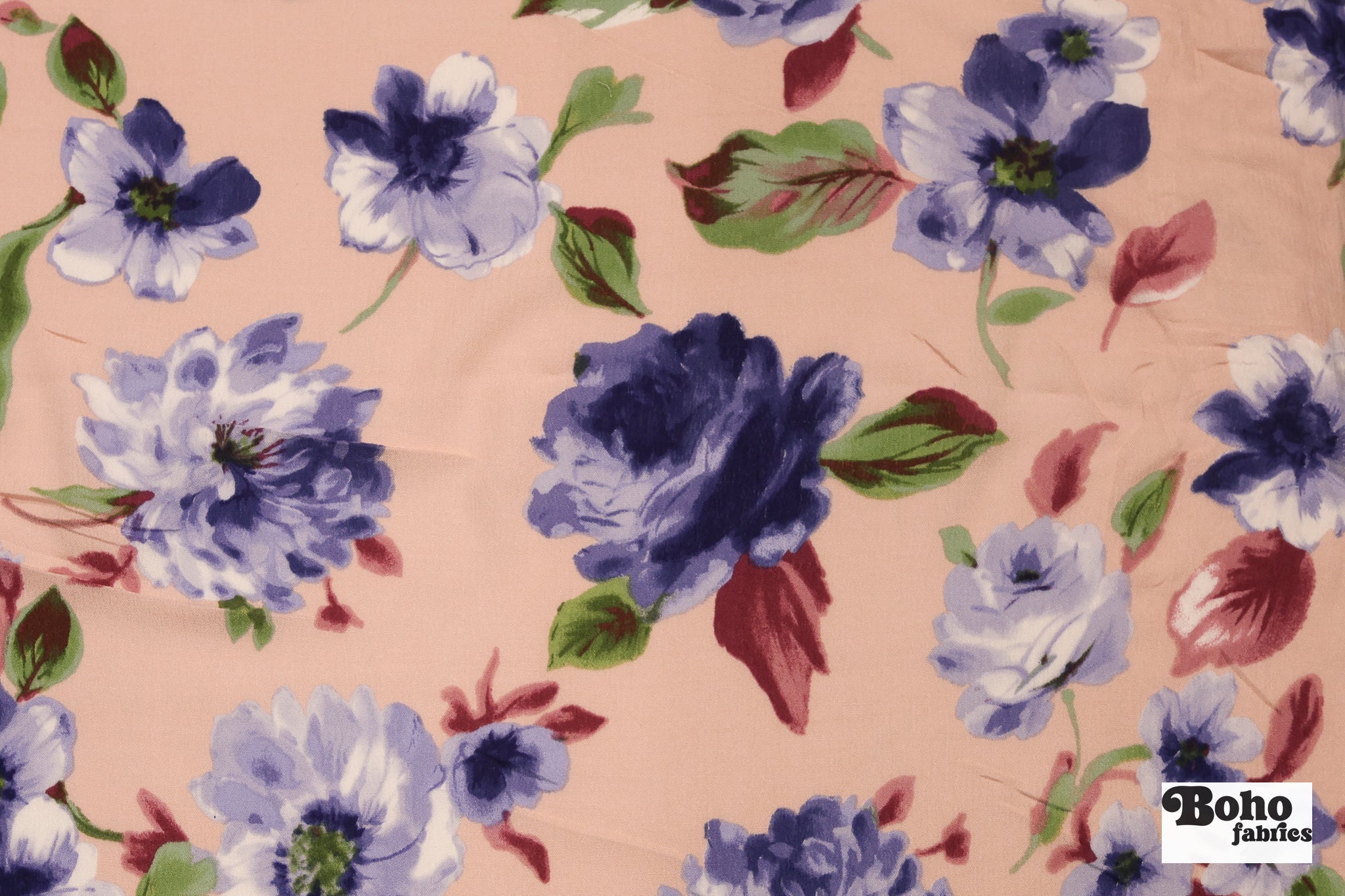 Peach with Large Blue Roses Rayon Crepe Woven Fabric - Boho Fabrics - Crepe, Woven