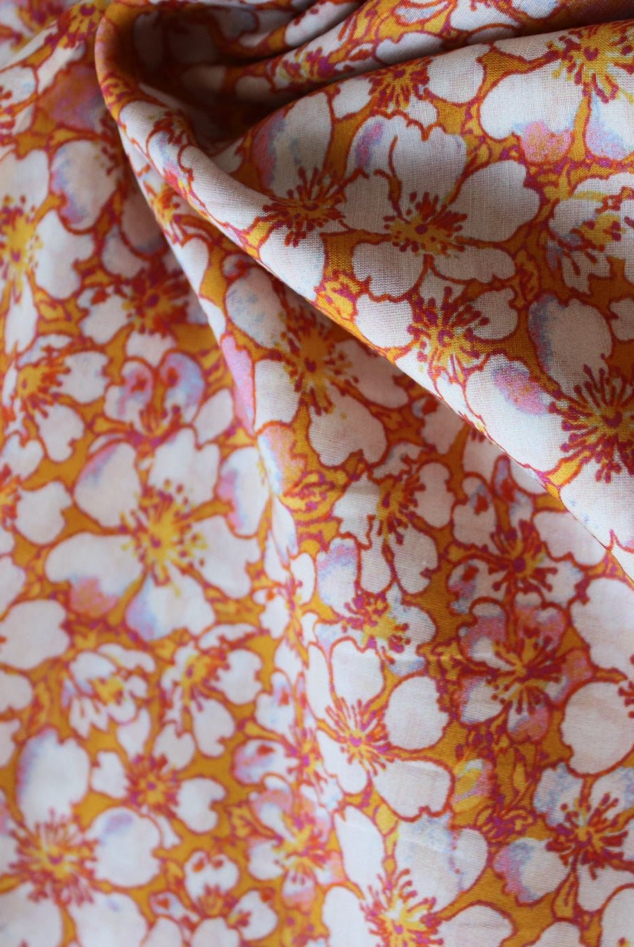 Pear Blossoms on Orange Cotton/Silk Woven WVP-241-ORG - Boho Fabrics
