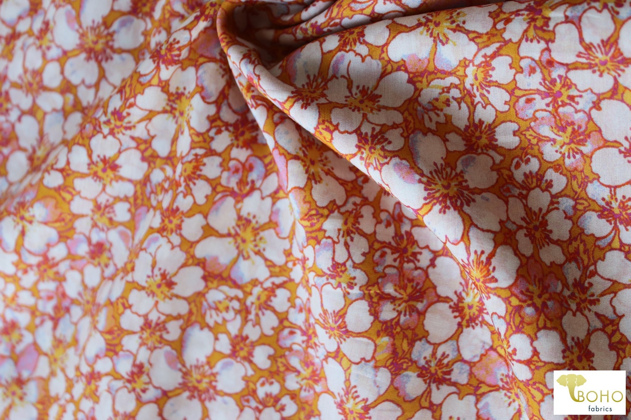 Pear Blossoms on Orange Cotton/Silk Woven WVP-241-ORG - Boho Fabrics