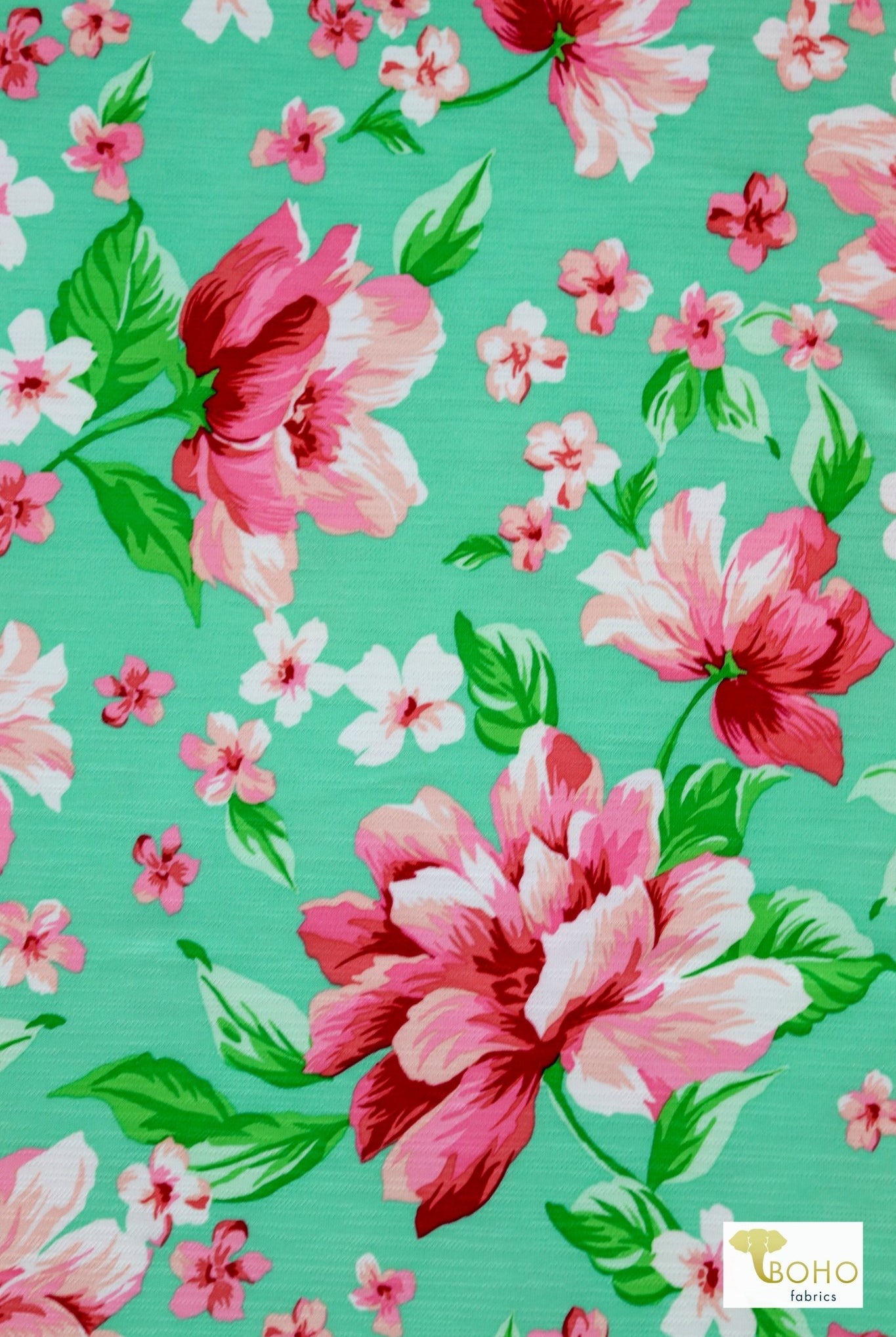 Peony Paradise in Mint, Knit Fabric - Boho Fabrics - Novelty Knit