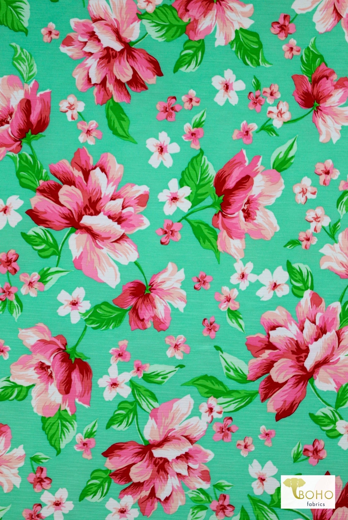 Peony Paradise in Mint, Knit Fabric - Boho Fabrics - Novelty Knit