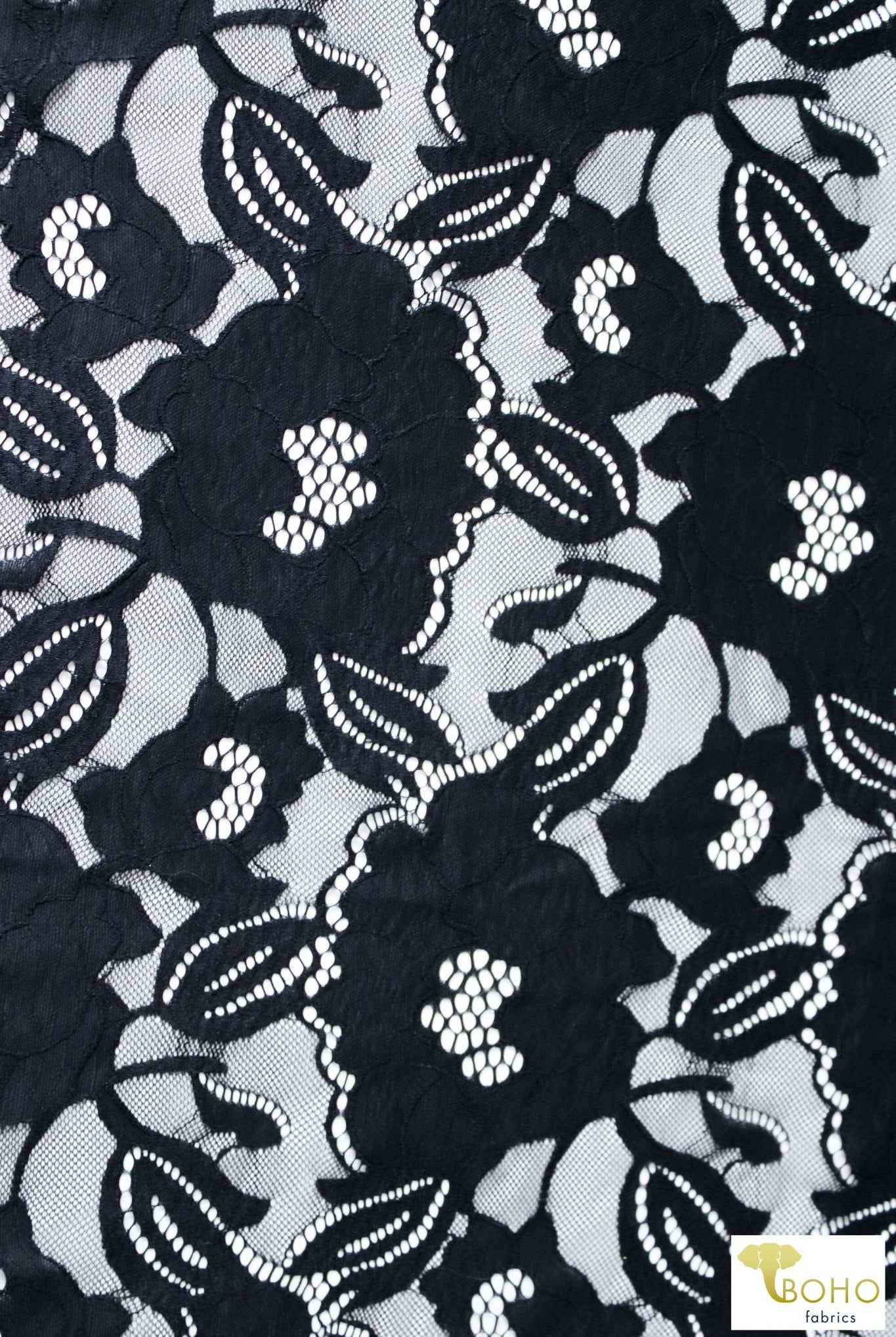 Peony Petals in Black. Stretch Lace Fabric. SL-127-BLK - Boho Fabrics