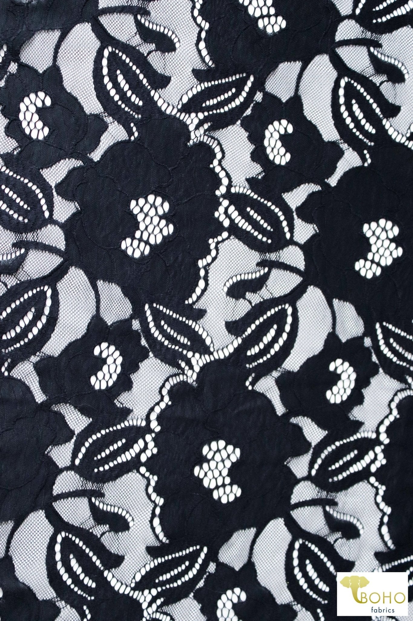 Peony Petals in Black. Stretch Lace Fabric. SL-127-BLK - Boho Fabrics