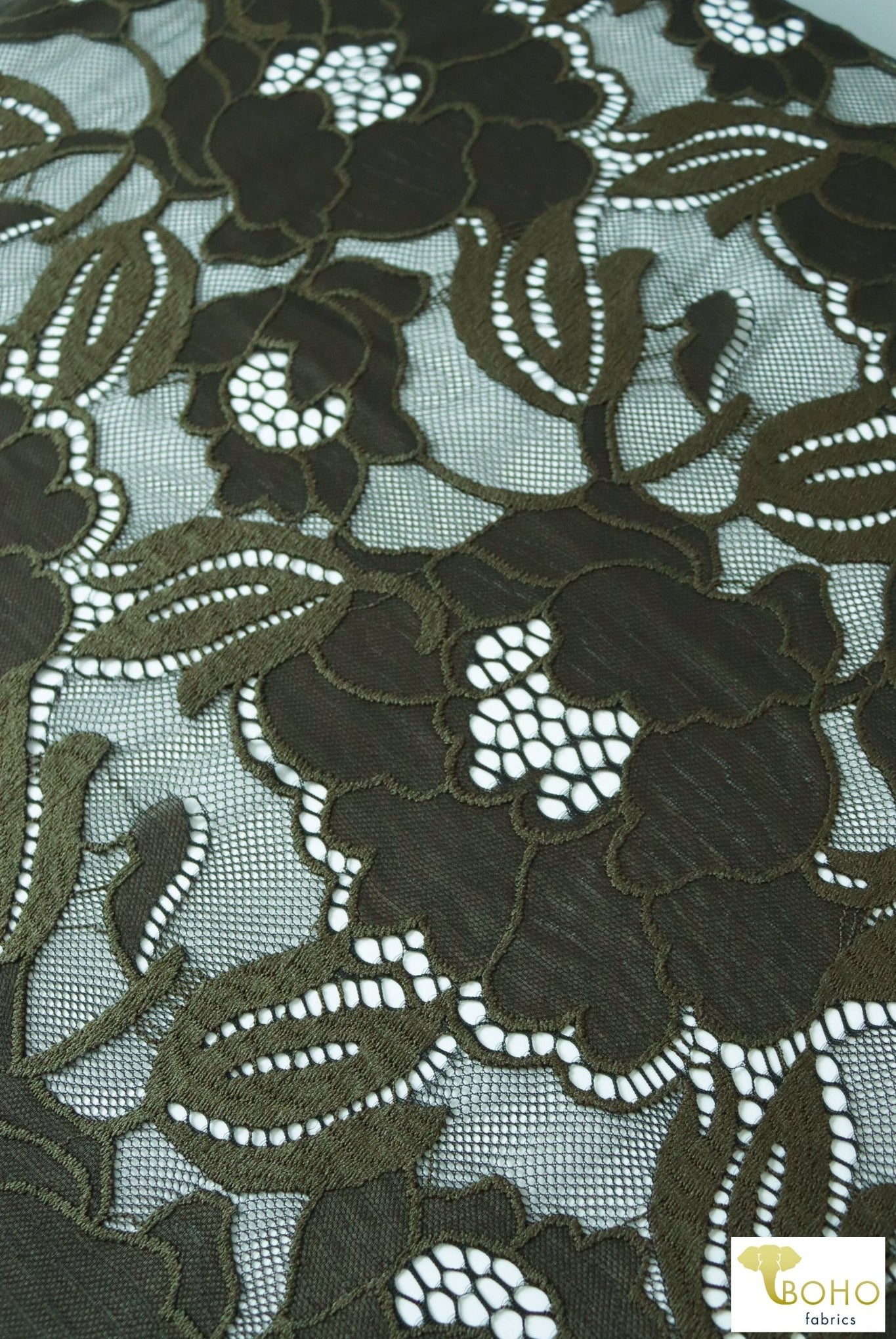 Peony Petals in Green. Stretch Lace Fabric. SL-127-GRN - Boho Fabrics