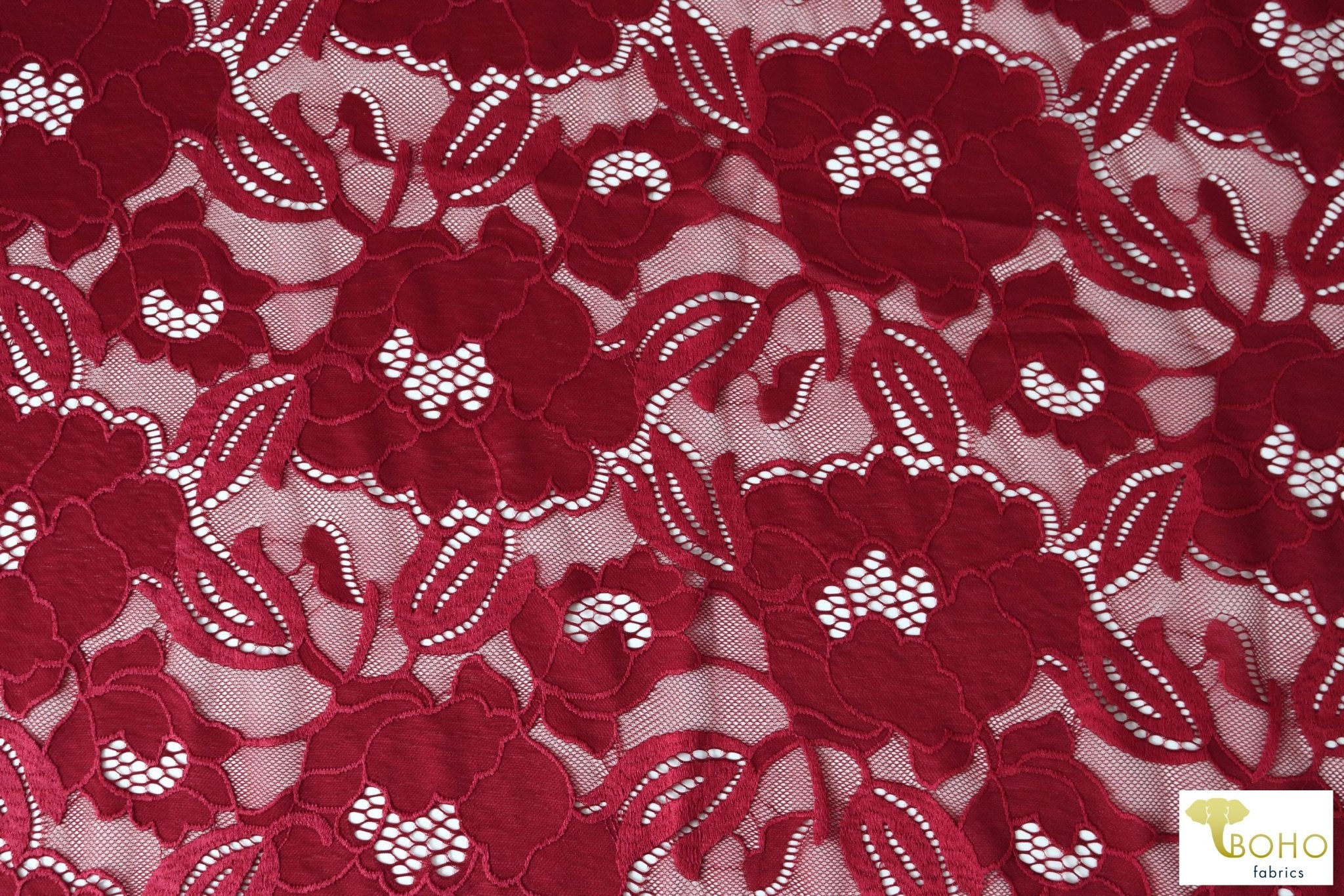 Peony Petals in Red. Stretch Lace Fabric. SL-127-RED - Boho Fabrics