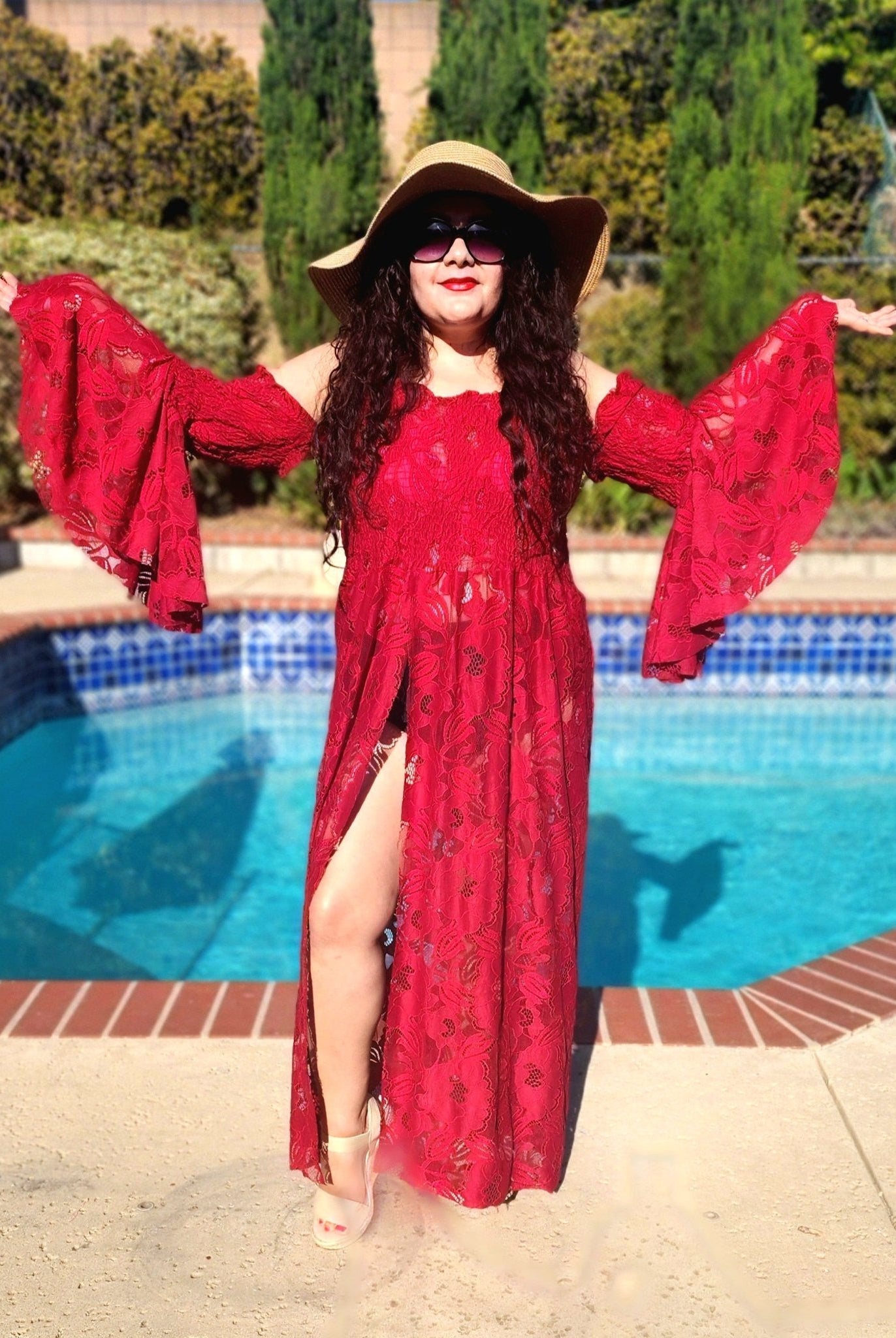 Peony Petals in Red. Stretch Lace Fabric. SL - 127 - RED - Boho Fabrics - Stretch Lace Fabric