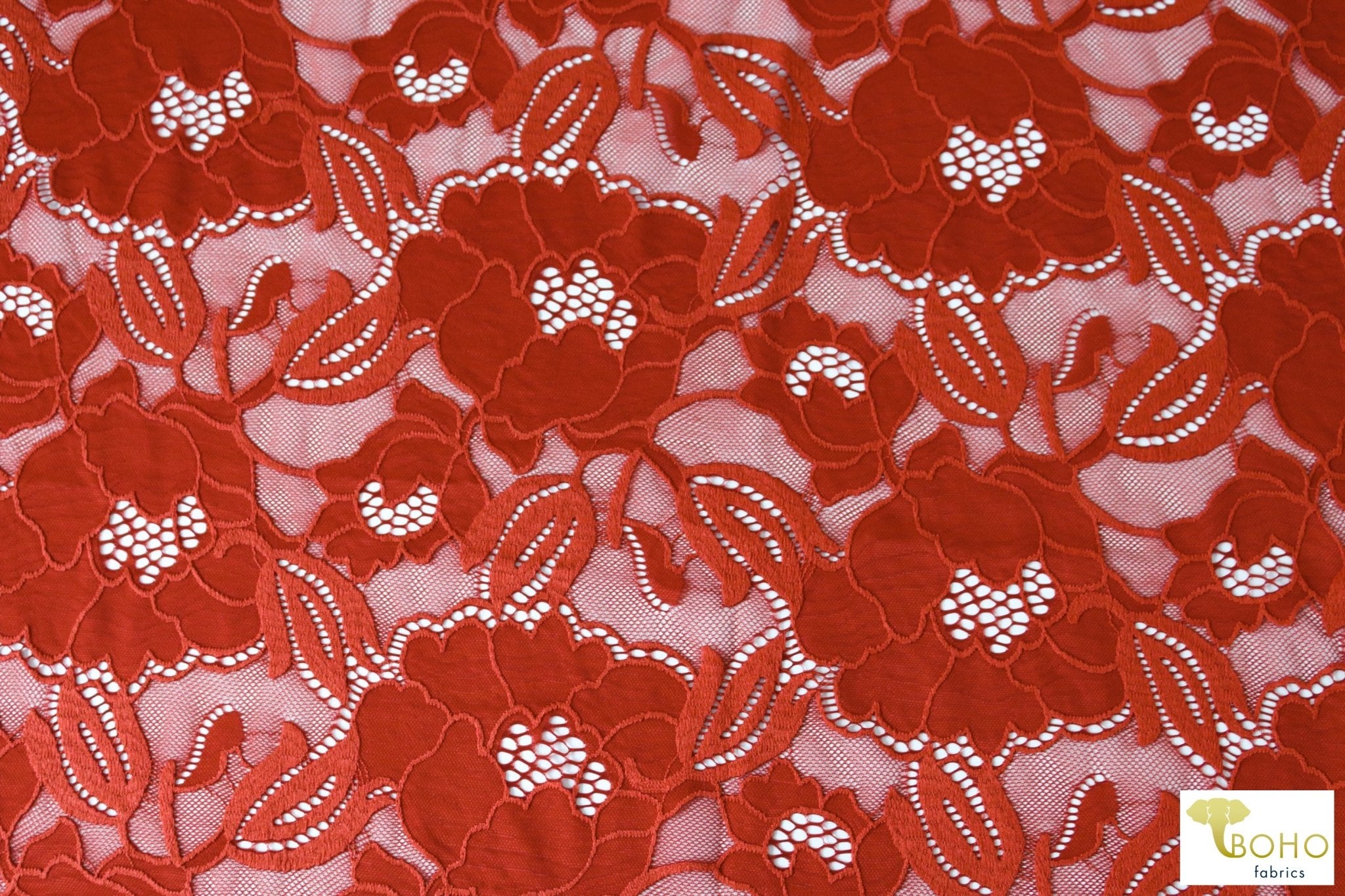 Peony Petals in Rust. Stretch Lace Fabric. SL-127-ORG - Boho Fabrics