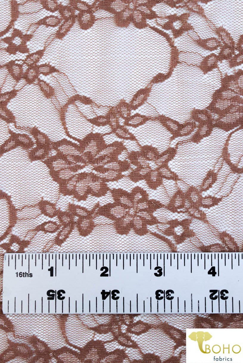 Petite Floral Stretch Lace in Caramel Brown. SL-108-CRML. - Boho Fabrics