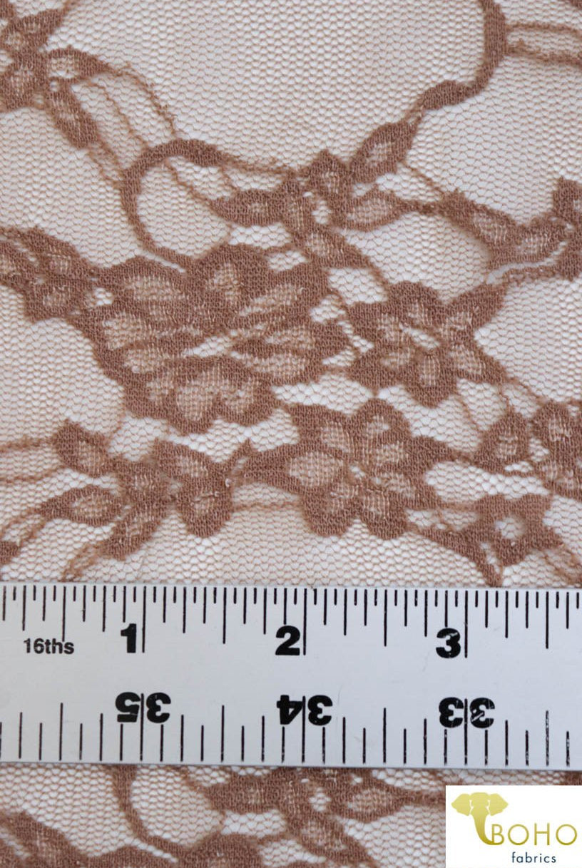 Petite Floral Stretch Lace in Deep Taupe. SL-108-BRWN. - Boho Fabrics