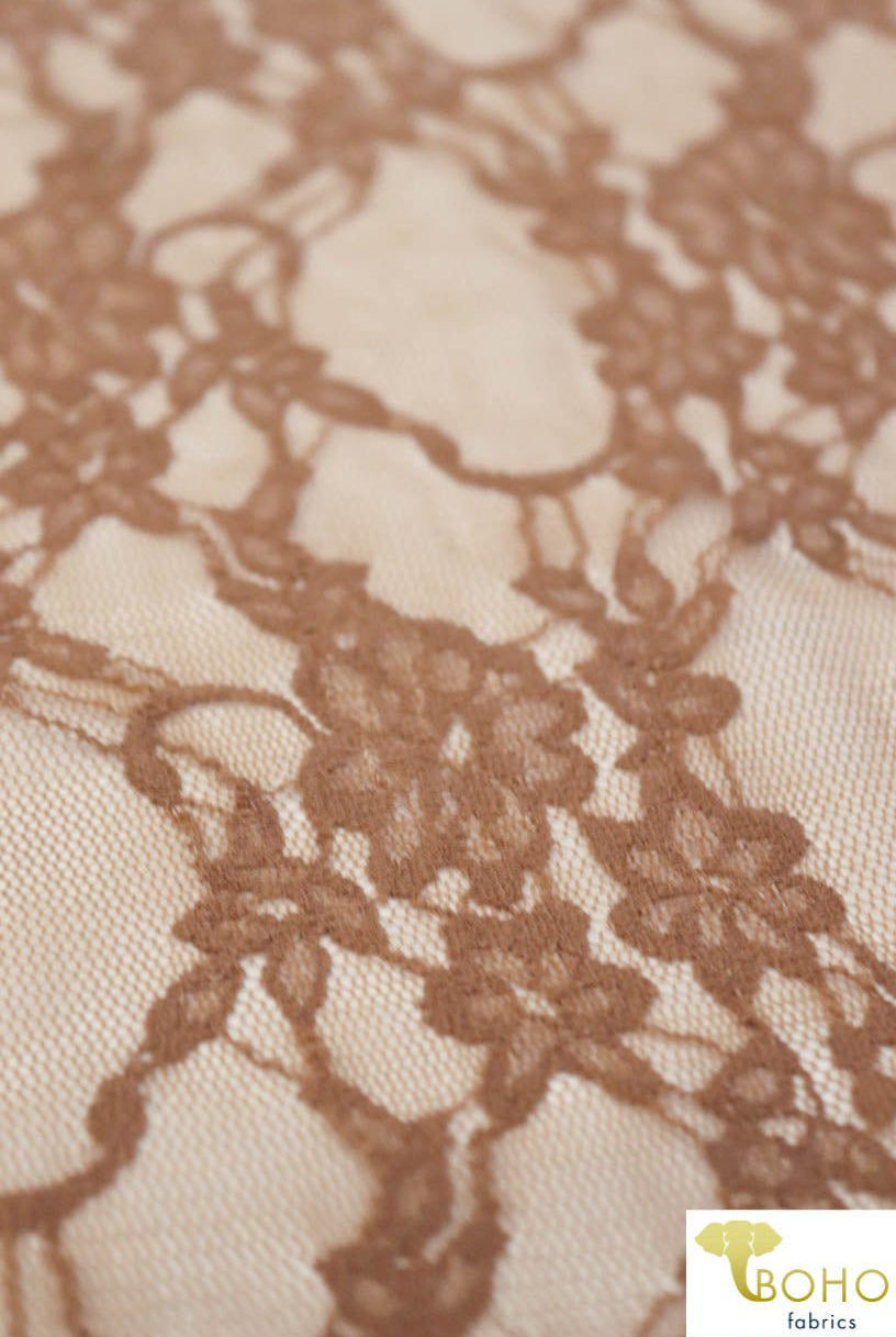 Petite Floral Stretch Lace in Deep Taupe. SL-108-BRWN. - Boho Fabrics