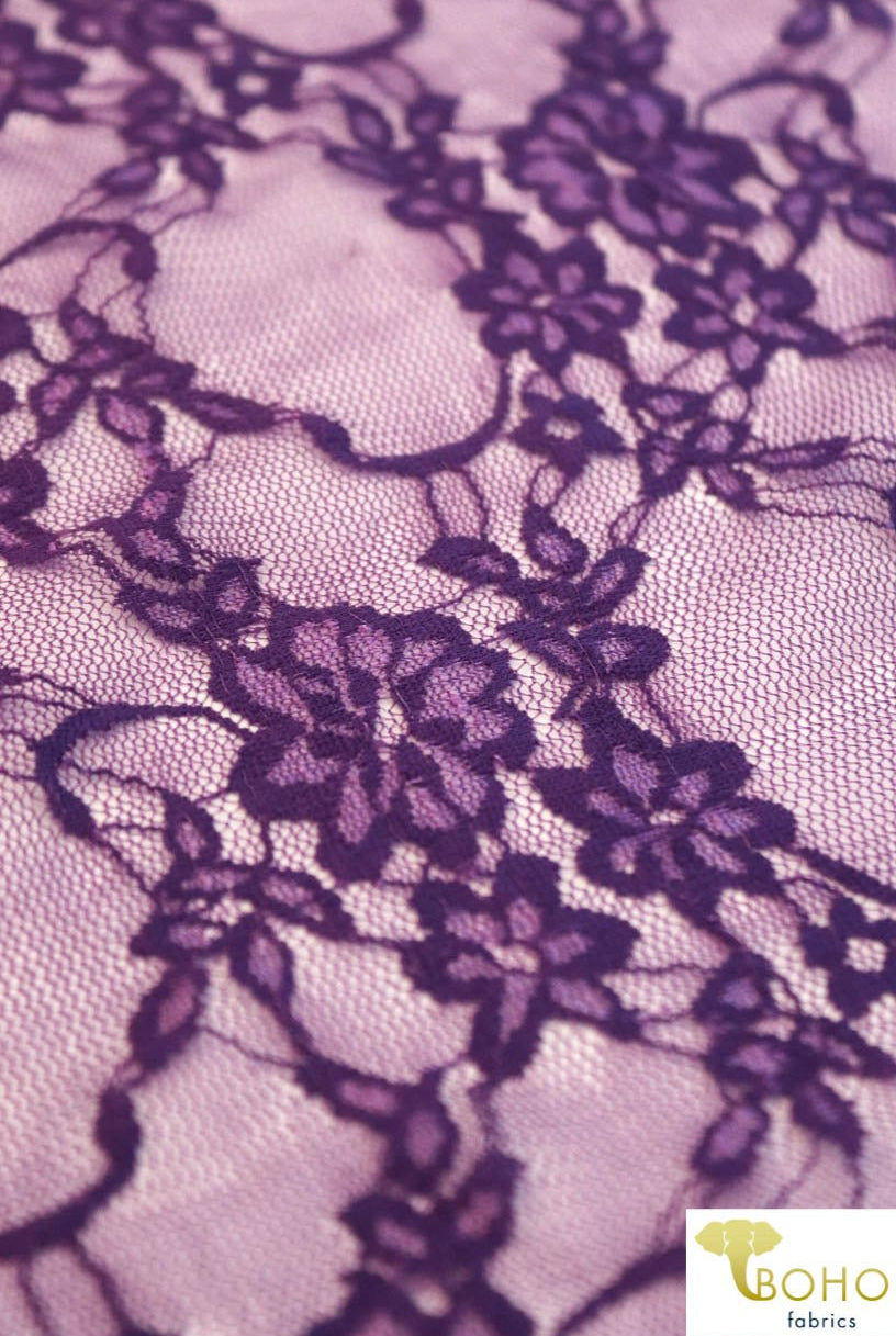 Petite Floral Stretch Lace in Grape Purple. SL-108-PURP. - Boho Fabrics