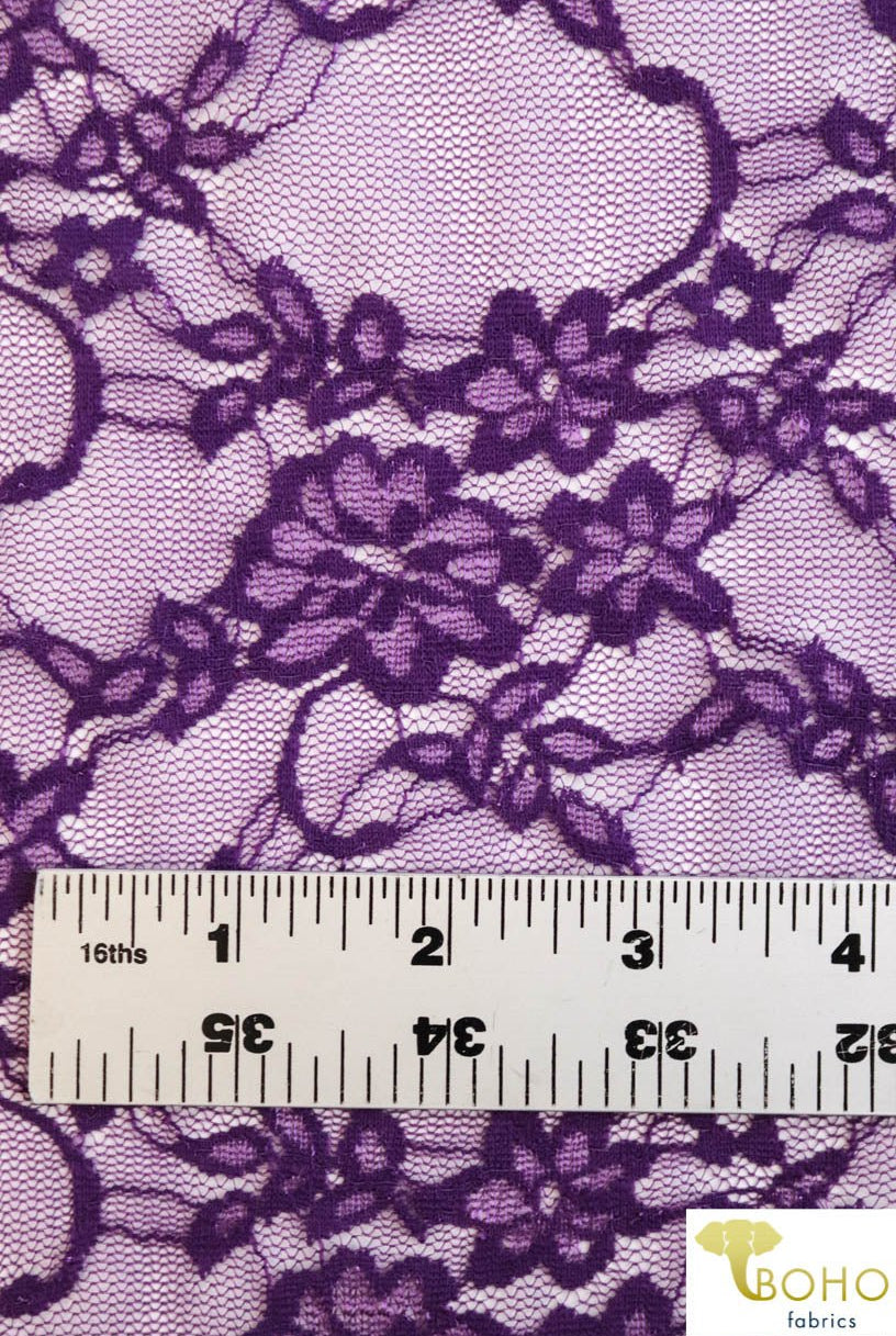 Petite Floral Stretch Lace in Grape Purple. SL-108-PURP. - Boho Fabrics