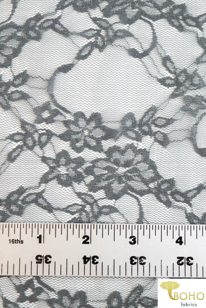 Petite Floral Stretch Lace in Gray. SL-108-GRY. - Boho Fabrics