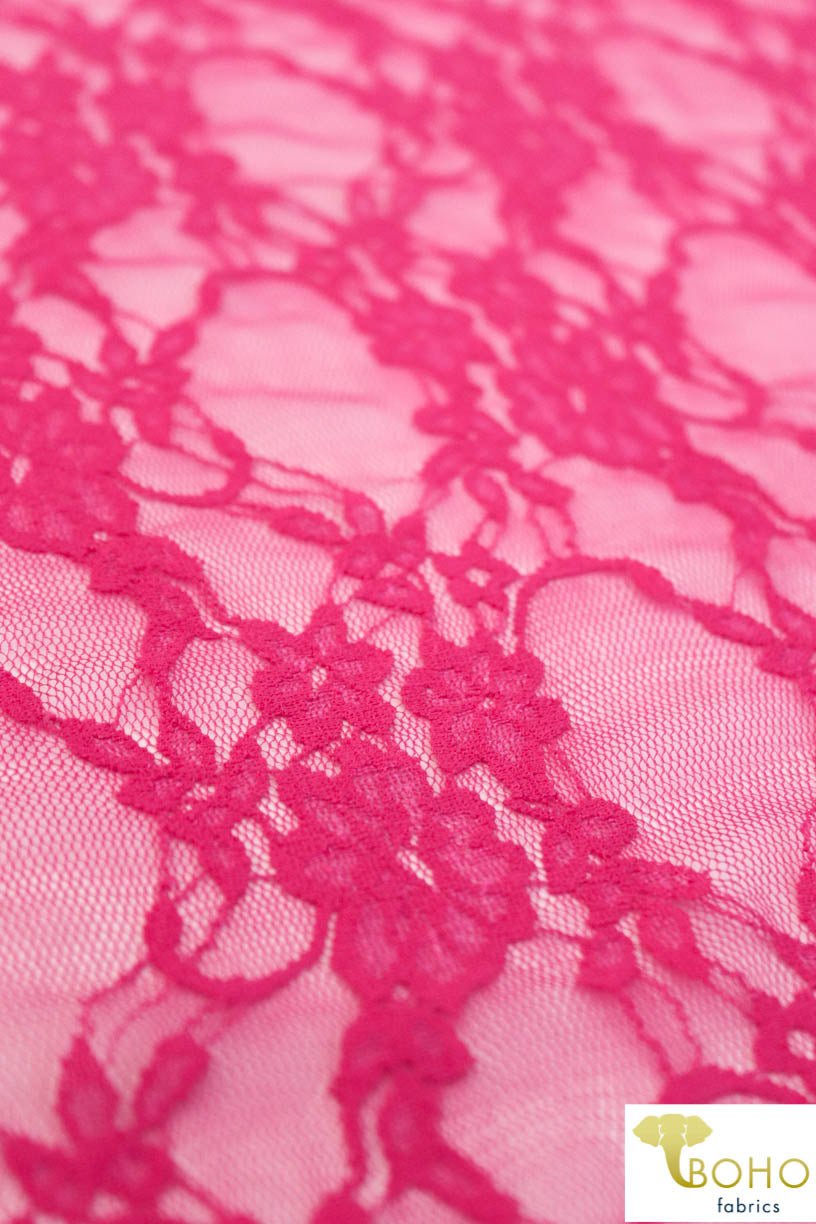 Petite Floral Stretch Lace in Hot Pink. SL-108-HP. - Boho Fabrics