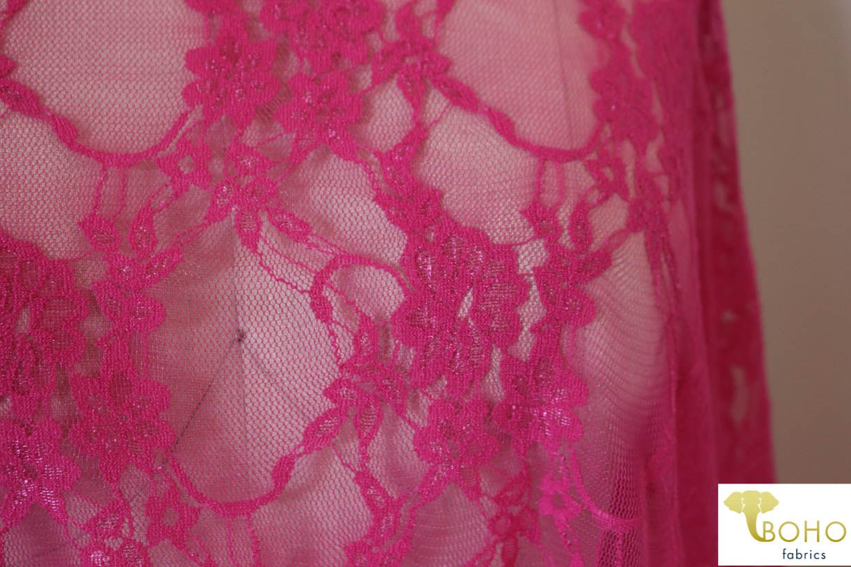 Petite Floral Stretch Lace in Hot Pink. SL-108-HP. - Boho Fabrics